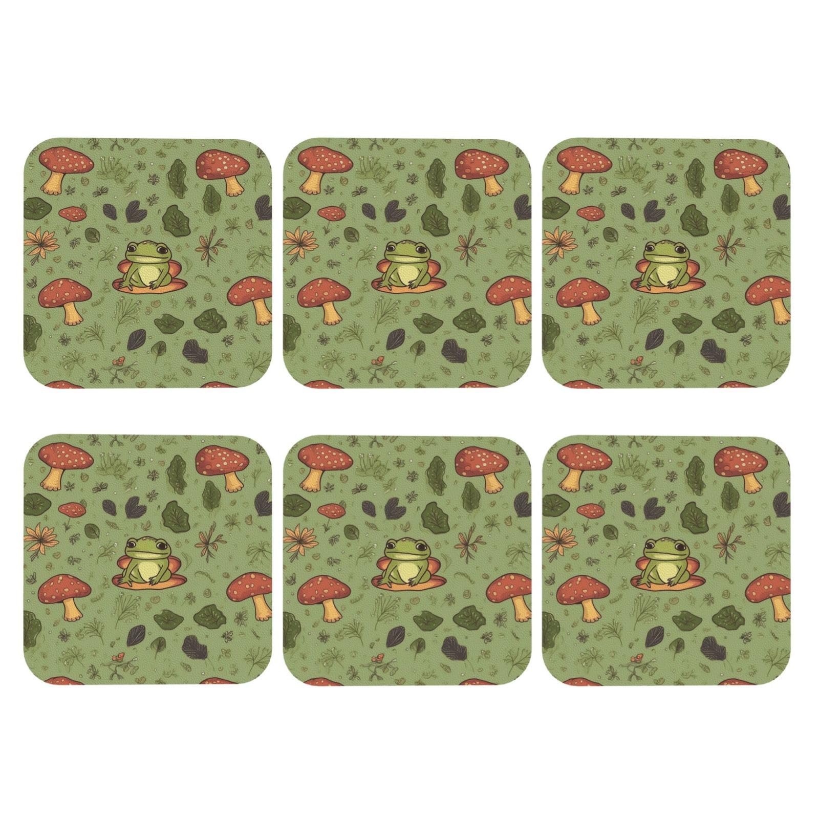 6pcs Leather Coasters for Drinks, Frogs and Mushrooms Drink Coasters for Tabletop Protection, 4" Cup Coasters for Coffee Table Decor, Non-Slip Drinking Cup Mat for Hot Or Cold Drink