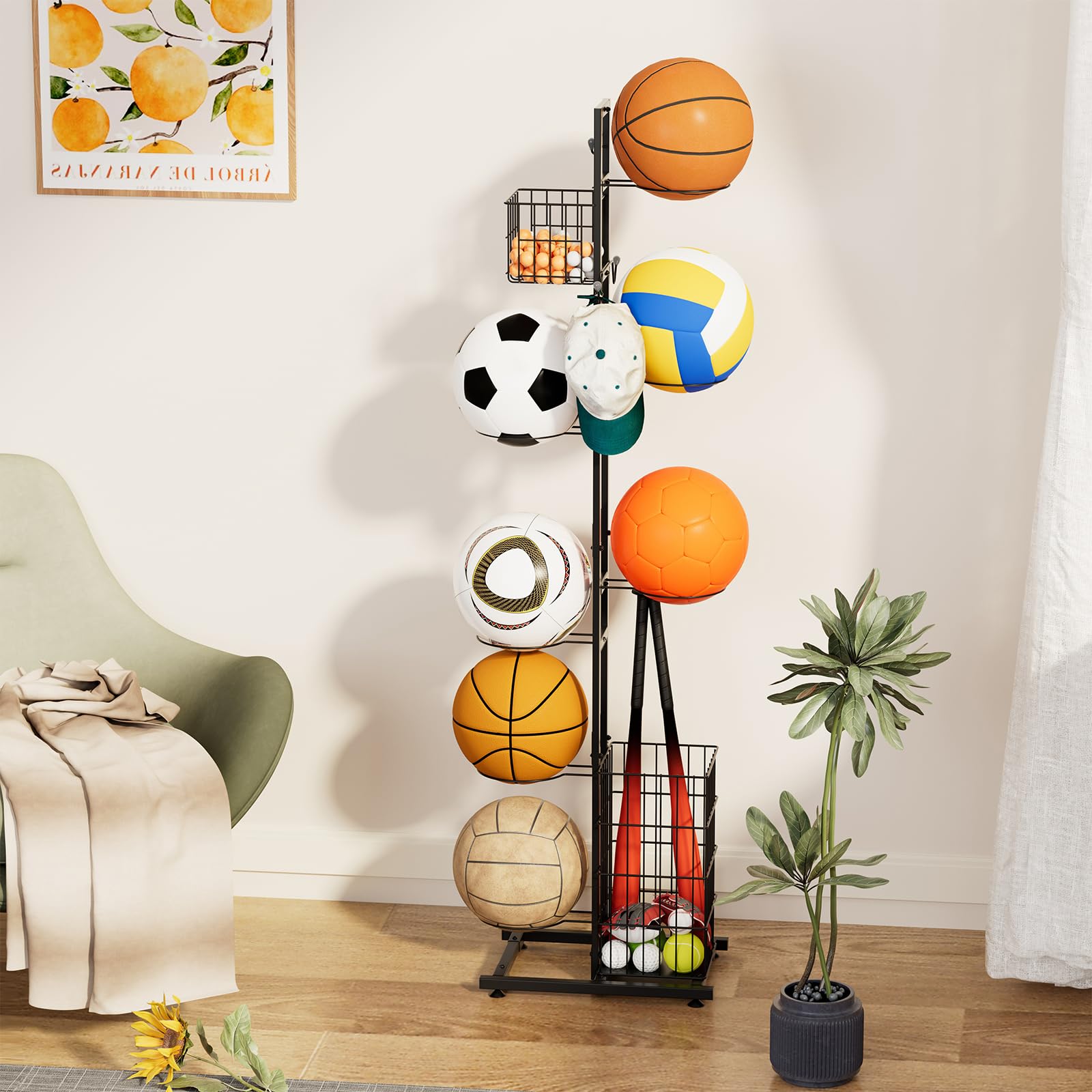uyoyous Metall Ballständer Ball Aufbewahrung regal Mehrschichtig Basketballständer Kinder-Basketball Halter Fußballständer Innenbereich Ballregal Organizer Für Sportgeräte