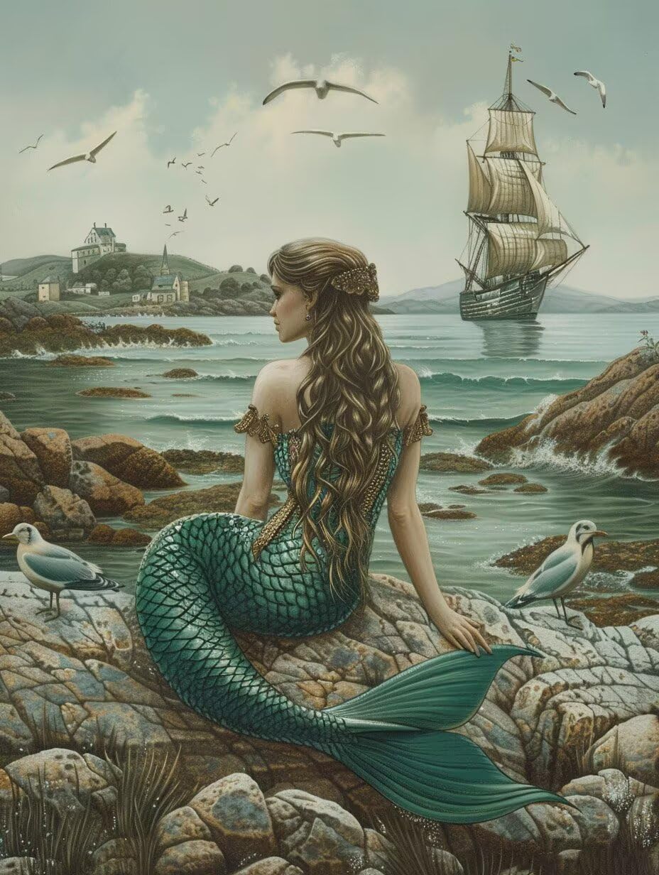 Diamond Art Kits for Adults Mermaid, 5D Diamond Painting Sailboat, DIY Full Drill Gem Art and Crafts, Mosaic Kits for Adults, Hobbies for Women, Painting for Wall Decor Gifts 20x26 inch H-5530