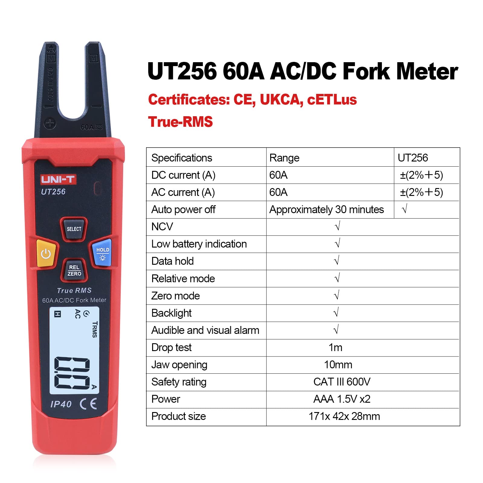 UNI-T AC/DC Open Jaw fork meter 60A 600V auto-ranging True