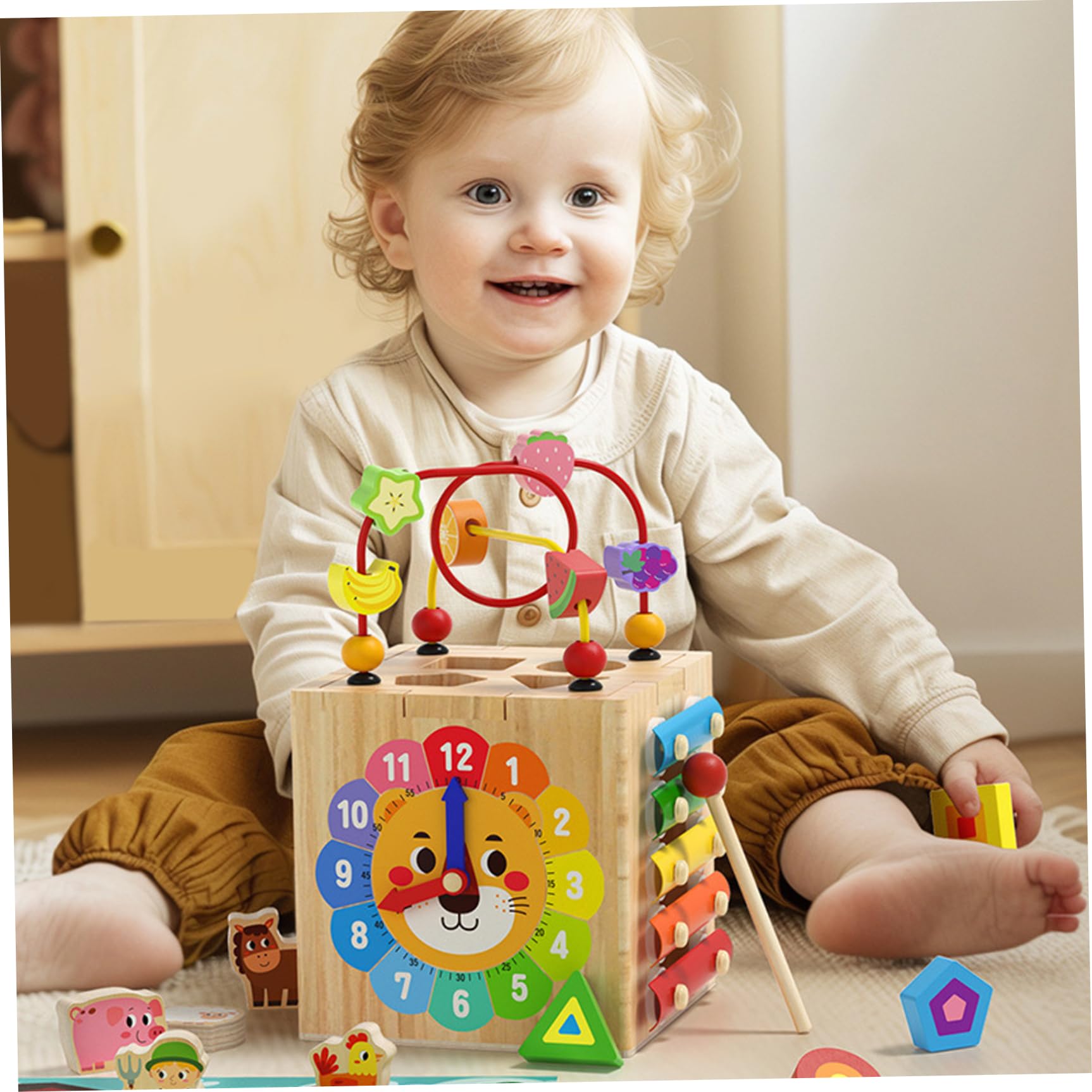 Cubo di attività in Legno Giocattoli 1 Set 6 in 1 Cubo di attività Multifunzionale per Bambini Giocattoli educativi e di apprendimento sensoriali per Bambini Regalo per Le Vacanze di comple