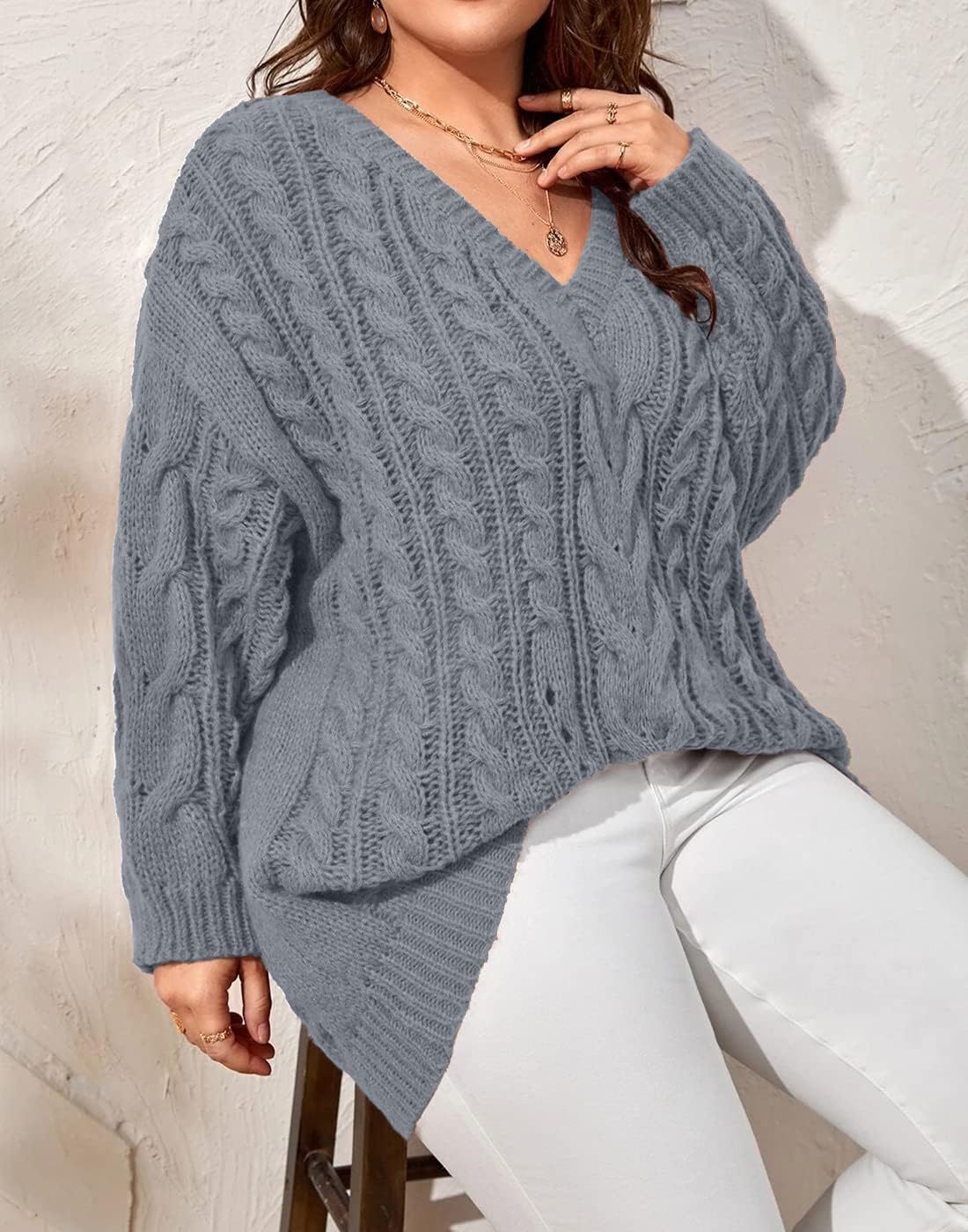 Dyexces Plus Size Sweaters for Women V Neck Long Sleeve Cable Knit Sweaters Casual Fall Sweaters Soft Jumper Tops - Image 3