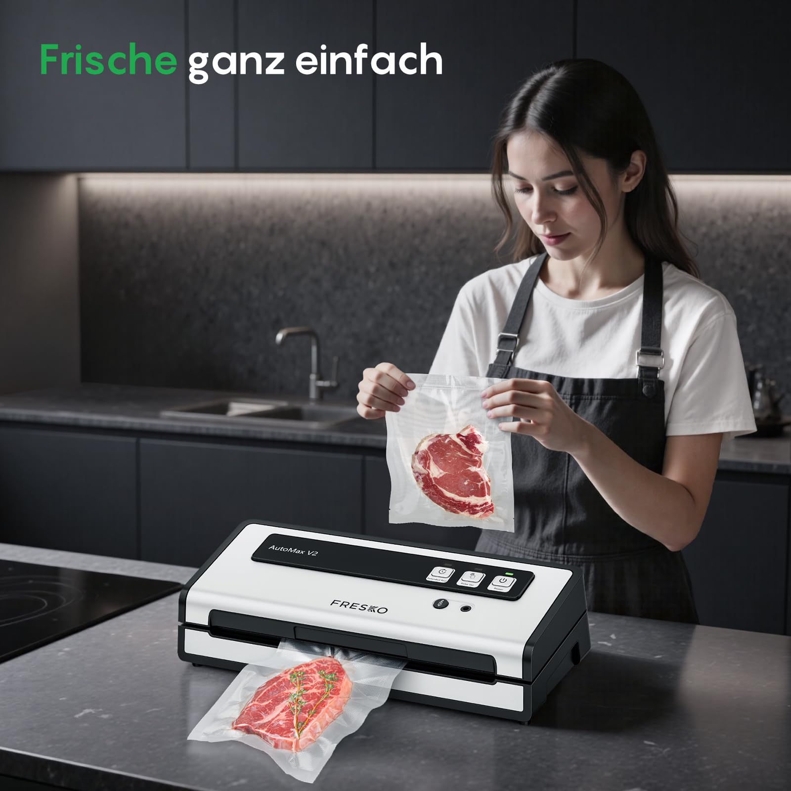 FRESKO Automatische Vakuumiergerät 140W Doppelte Heißsiegelung Trocken-/Feuchtmodus Einhand-Bedienung Automatischer Verriegelung 10 Beutel Automax V2