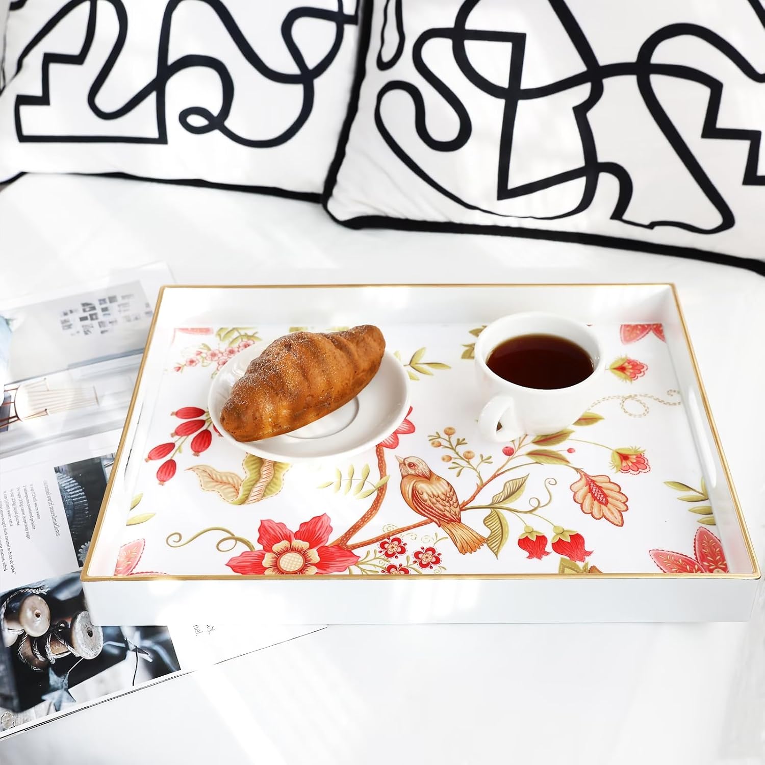 Spsyrine Decorative Serving Tray with Handles, White Lacquered Coffee Table Tray for Ottoman, Rectangle Waterproof Platters for Centerpieces, Parties, Living Room, Kitchen Counter Organization - Image 6