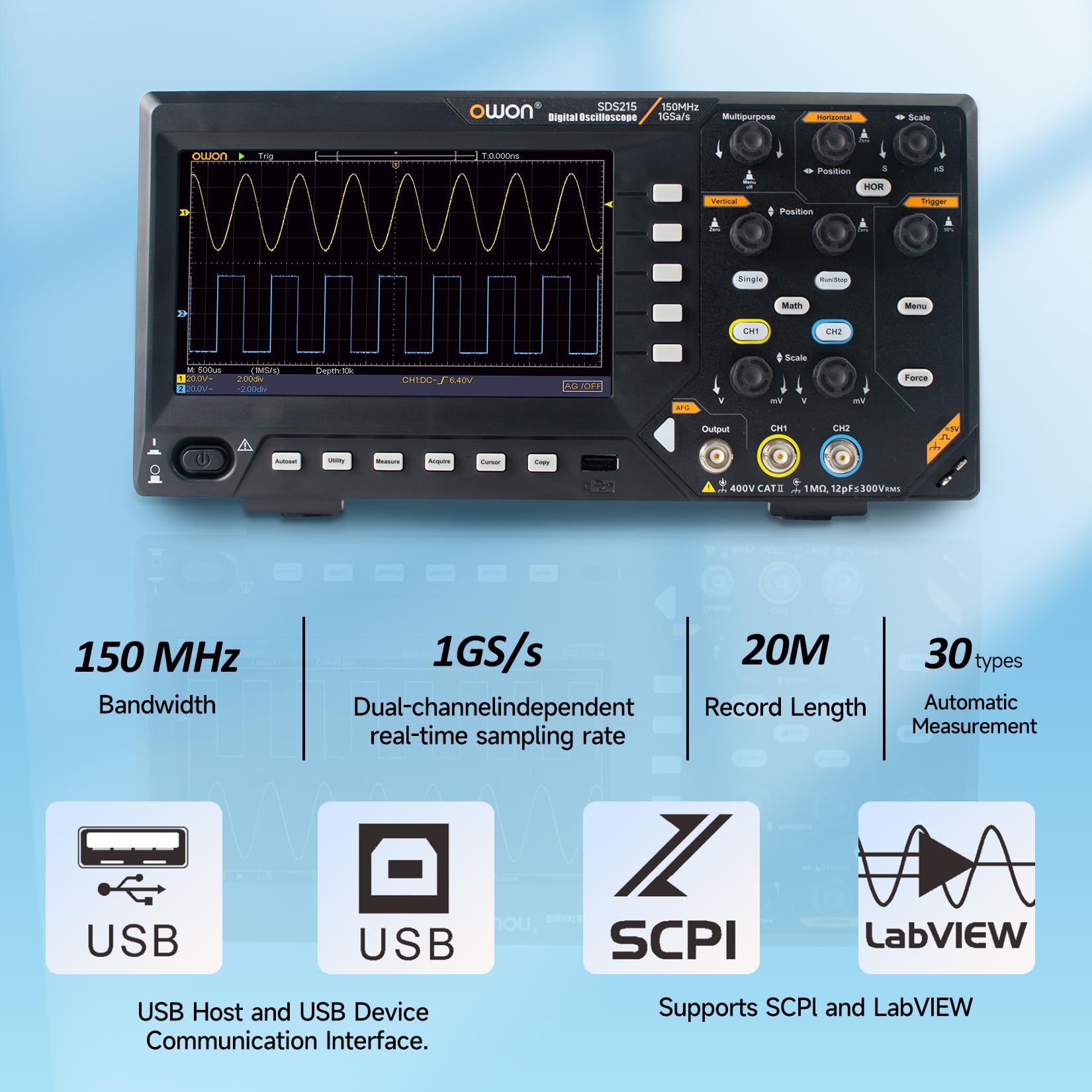 Owon SDS215 Oscilloscope numérique 150MHz, 2CH 1GS/s, 20M Oscilloscope à deux canaux 30 types Mesure automatique