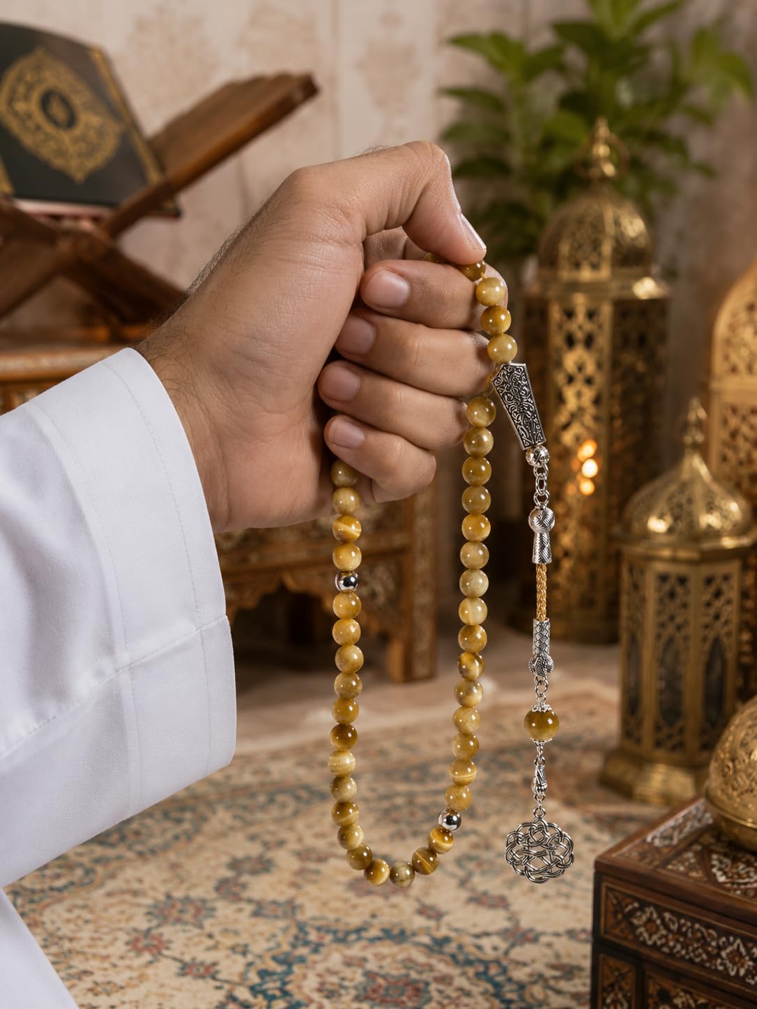 Tasbih złoty łańcuszek modlitewny z 45 perełkami Misbaha ze srebrnym frędzlem i pudełkiem na prezent, tygrysie oko, koraliki modlitewne dla mężczyzn, ojca, męża, Ramadan Eid prezent urodzinowy
