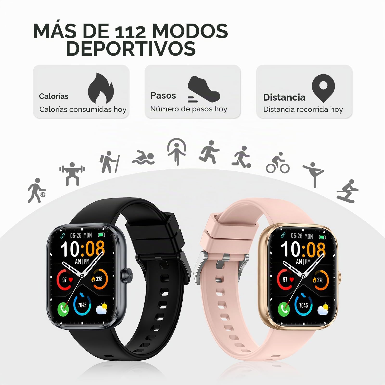 MFVLP Reloj Inteligente Hombre Mujer, 1.83" HD Smartwatch con Llamadas Bluetooth, Smart Watch con Podómetro/Pulsómetro/SpO2/Monitor de Sueño,112+ Modos Deportes, IP68 Impermeable Android iOS, Negro