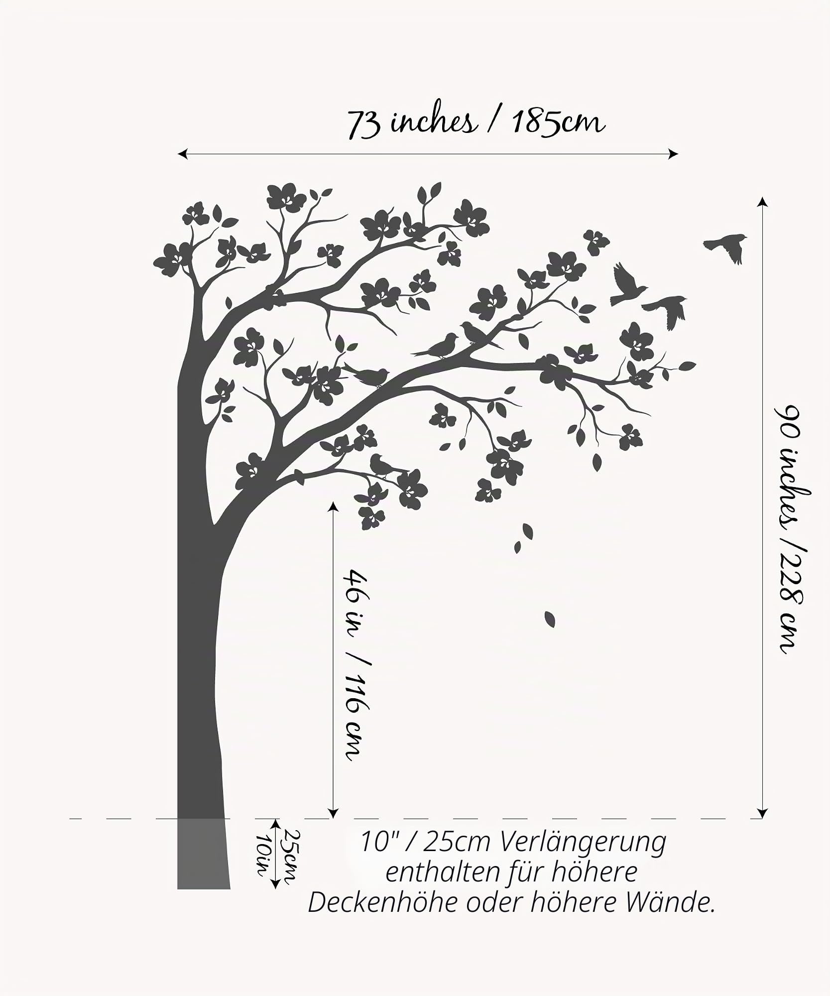Große Ecke Baum Wandaufkleber Wandtattoo mit großen Blüten, Vögel und Blätter Kinderzimmer Wandkunst Aufkleber Wandbild 087 (Äste nach rechts, Alles in Schwarz)