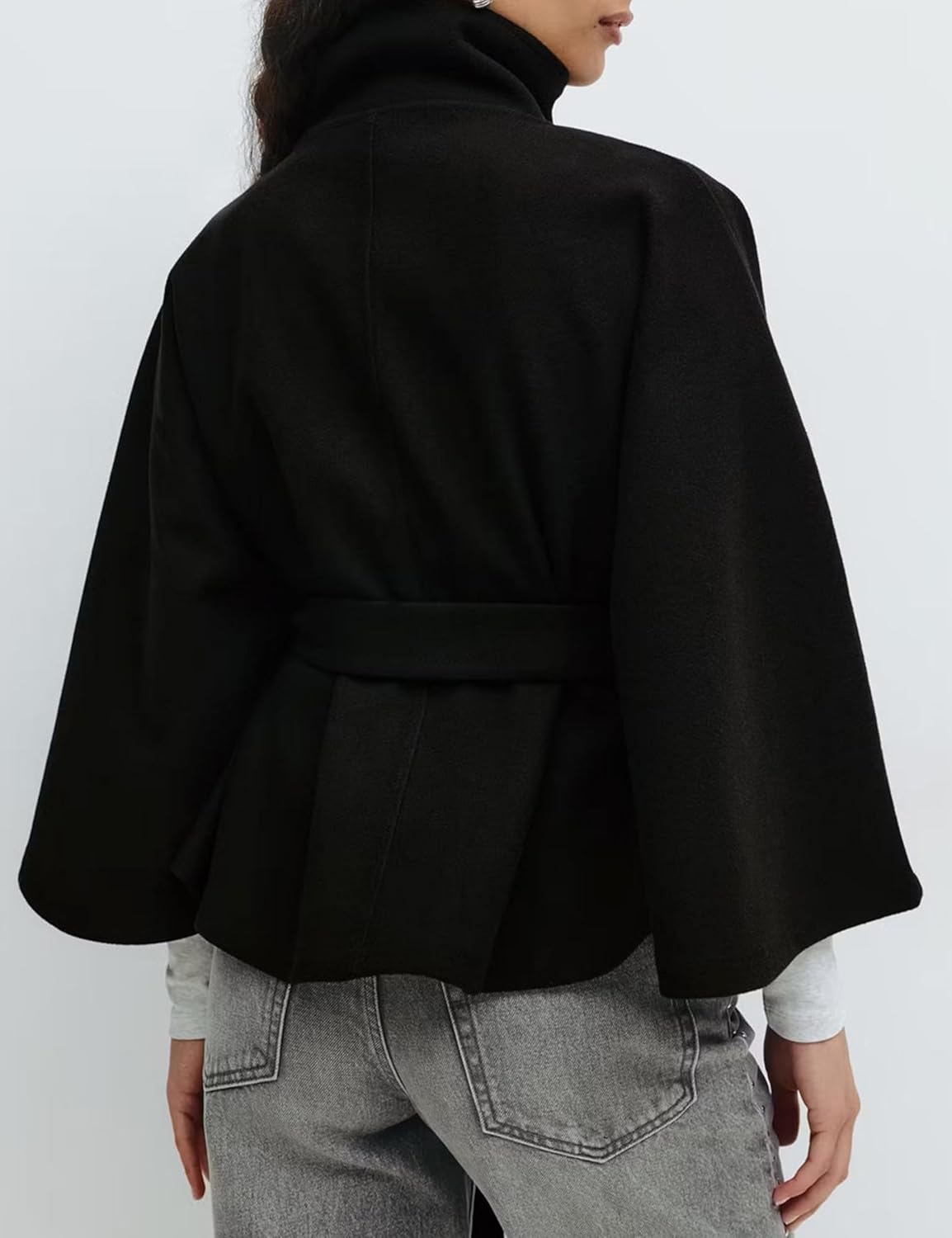 OPCAKM Women's Batwing Sleeve Poncho Coat Oversized Winter Pea Coat Stand Collar Cropped Cape Jacket with Belt - Image 3