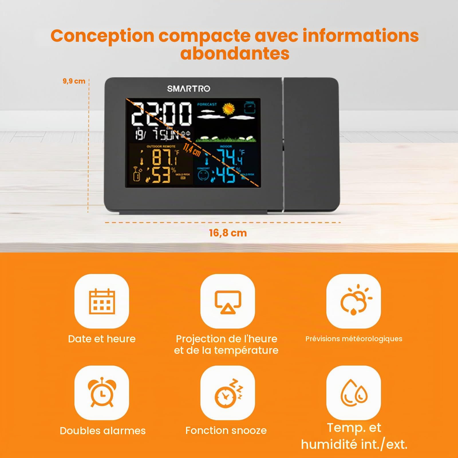SMARTRO SC91 Réveil à Projection pour Chambre à Coucher avec Station Météo