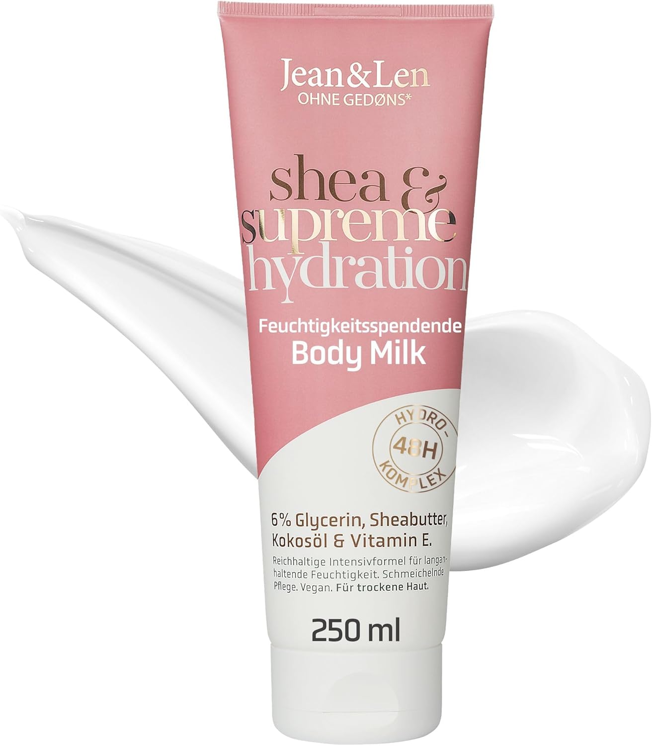 Jean & Len Body Milk shea & supreme hydratatie, voor de droge huid, hydrateert de huid 48 uur lang, met vitamine E, ruikt naar kokosnoot, zonder parabenen & siliconen, veganistisch, 250 ml