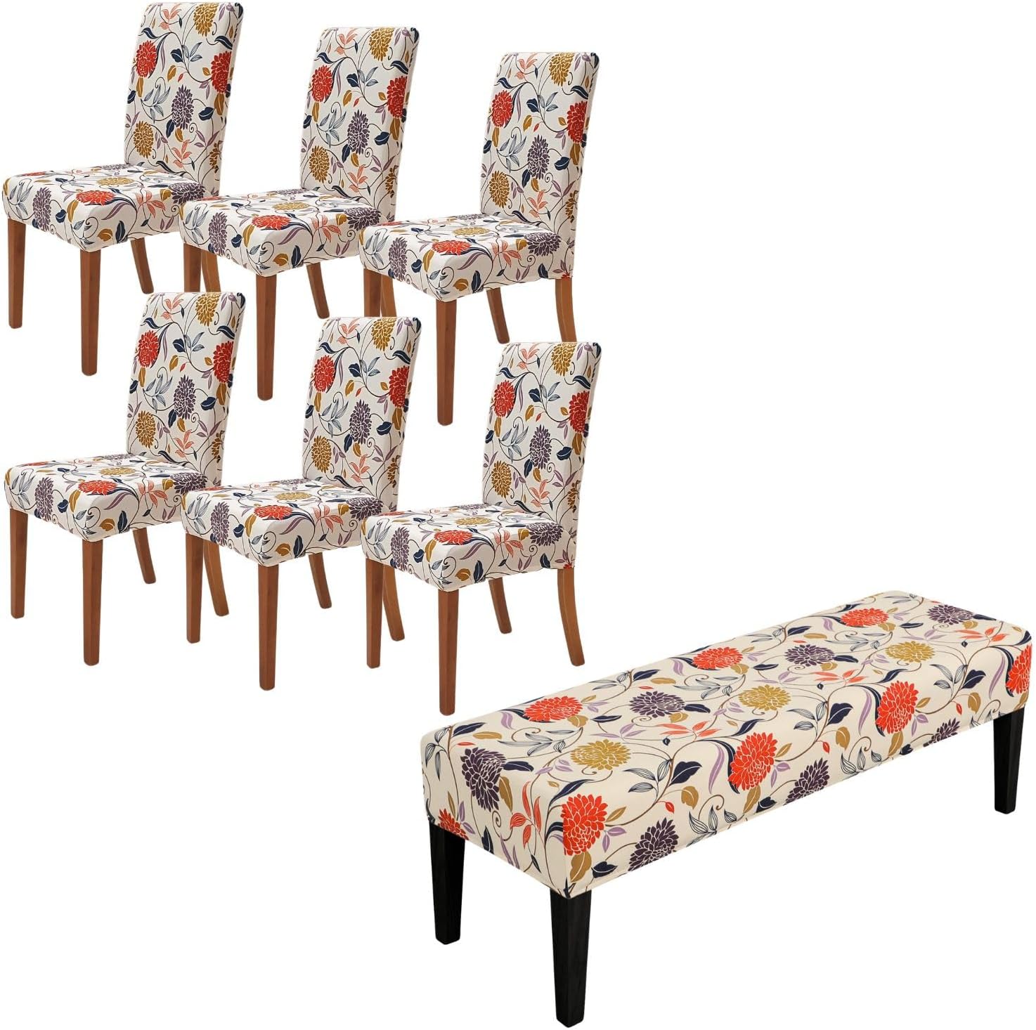 SPRINGRICO Slipcovers Bundle Products, Dining Room Chair Covers Set of 6, Dining Bench Cover Stretch, Washable Chair & Bench Slipcover (Floral4)