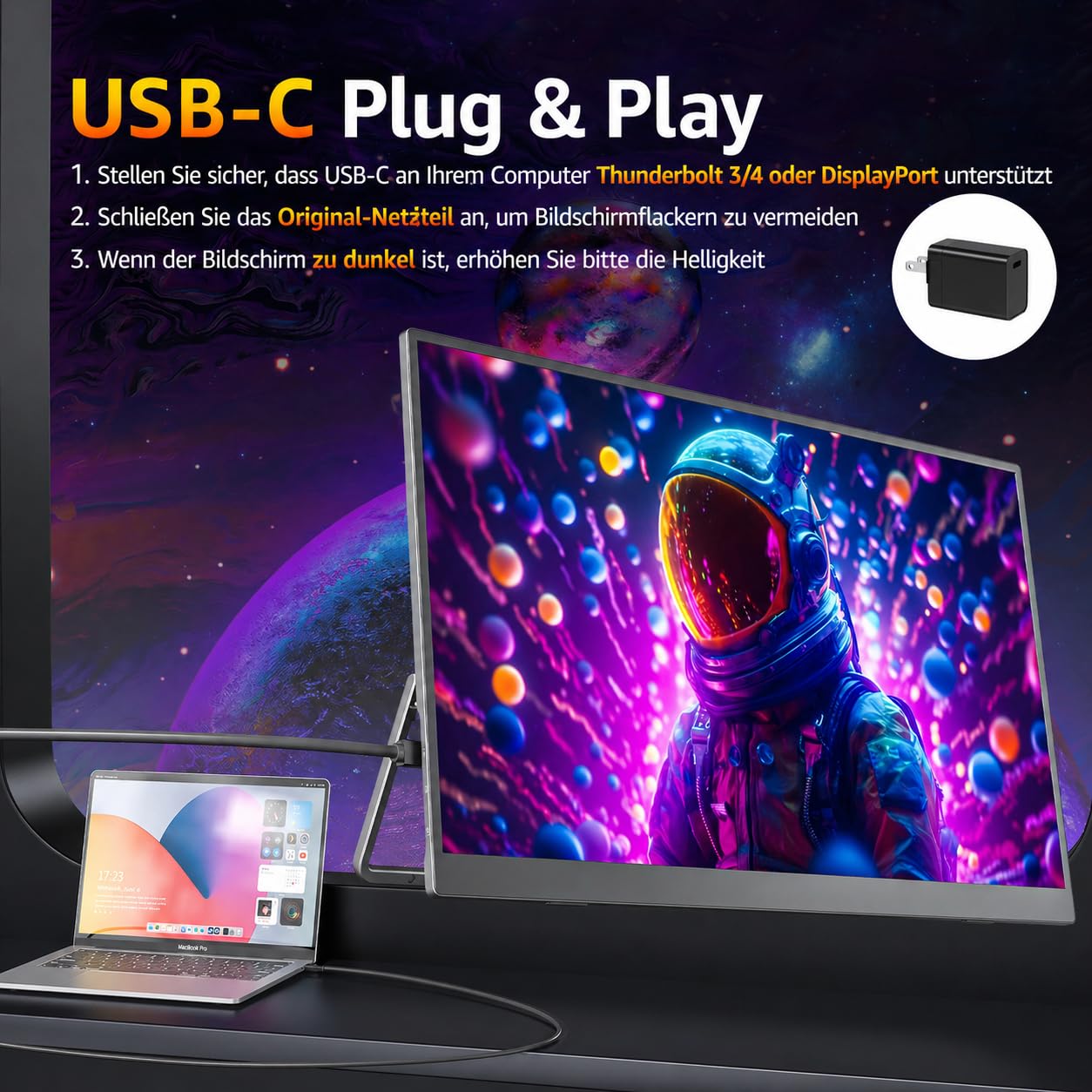 cocopar Portable Monitor 18.5 Zoll 1080P FHD 120% sRGB Mobiler Bildschirm Lautsprecher HDMI USB-C Tragbarer Monitor für Laptop MacBook Surface PC Xbox PS4/5, VESA montierbar mit Integrierter Ständer