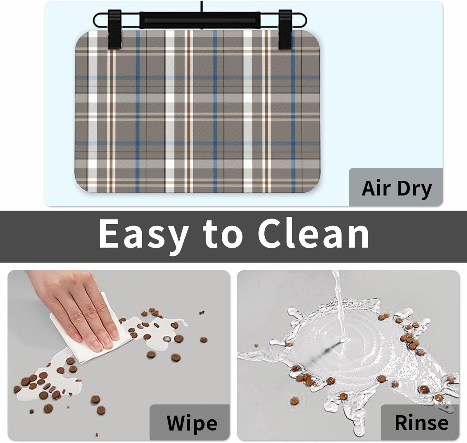 Plaid Brown and Blue Leather Absorbent Pet Feeding Mat Non-Slip for Dogs Cats 40x60cm