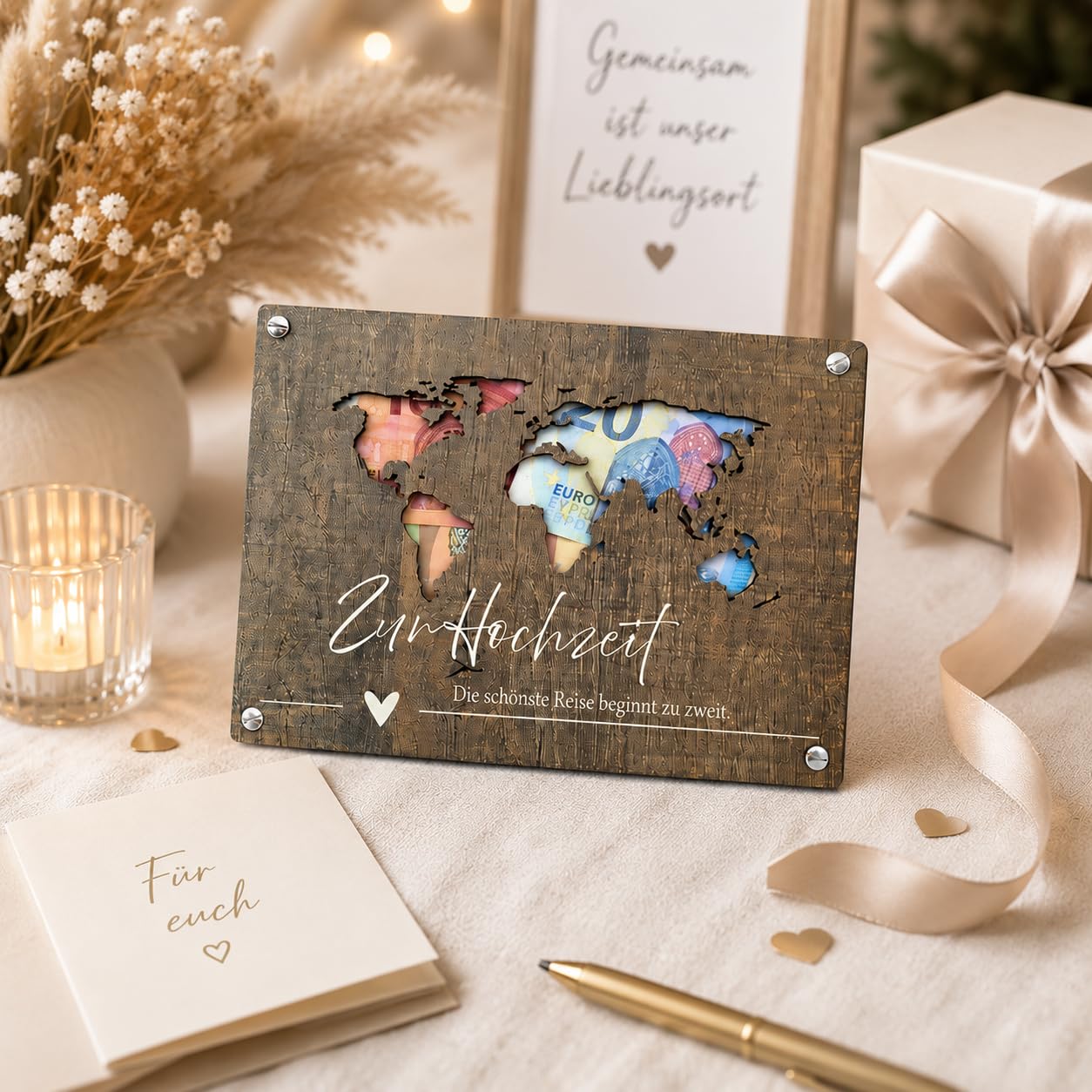 Geldgeschenk Hochzeit – Holzdekor Weltkarte 18x24 cm – rustikale Geldgeschenkbox zur Hochzeit mit Gravur „Die schönste Reise beginnt zu zweit“ – personalisierbar & verschraubbar