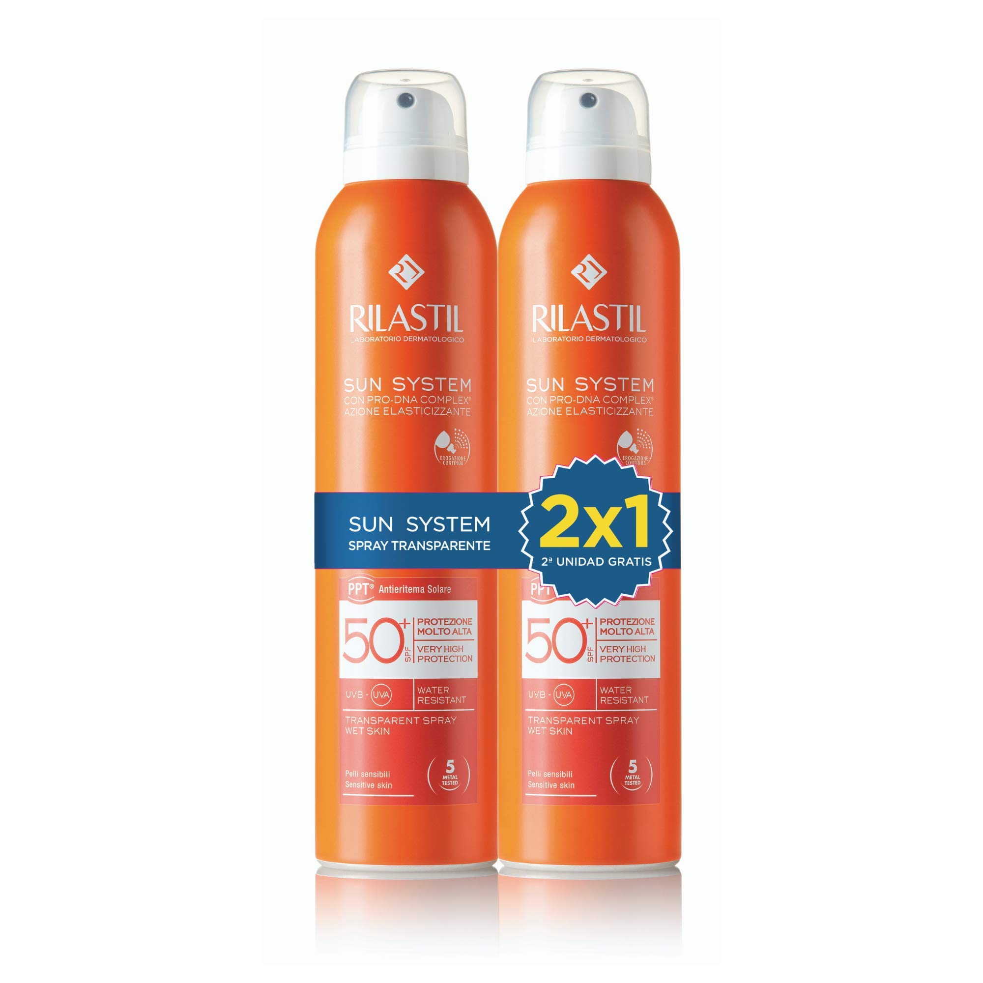 Rilastil Sun System - Spray Fotoprotector Wet-Skin Transparente, con Spf 50+, Pulverización Continua y Multi-Posición 360, 2 x 200 Mililitros
