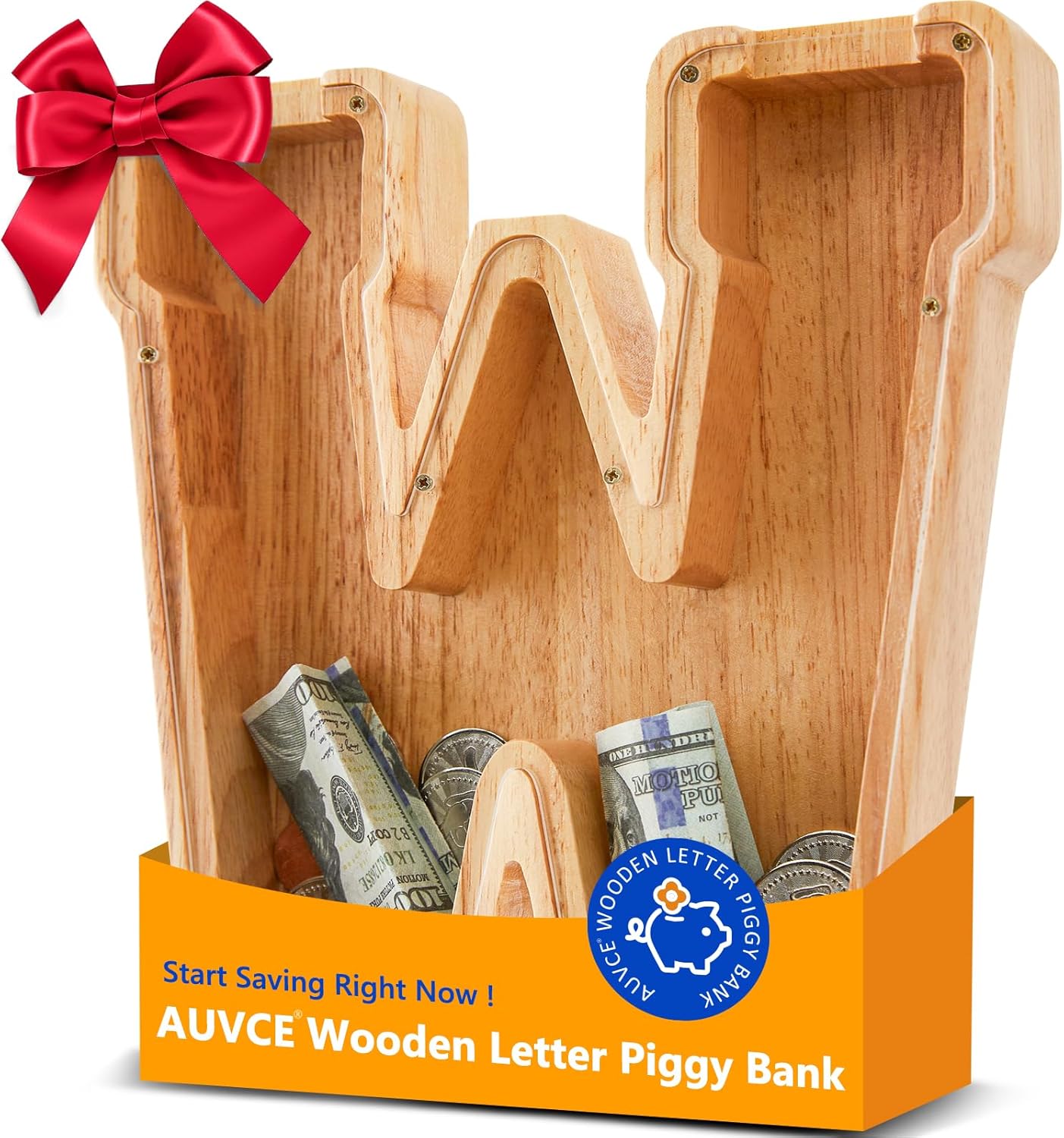 Wooden Initial Piggy Bank - Large Solid Wood Money Box for Kids - Personalized Letter Money Bank, Unique Educational Gift Decor for Baby Shower, Birthday & Nursery (A)