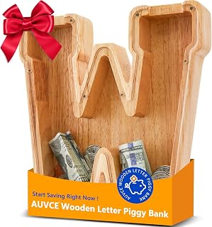 Wooden Letter Piggy Bank for Kids, Initial Coin Bank for Boys and Girls, First Name Personalized Savings Bank for Birthday Boys Girls Gift Piggy Bank for Kids (Wood, S9-W)
