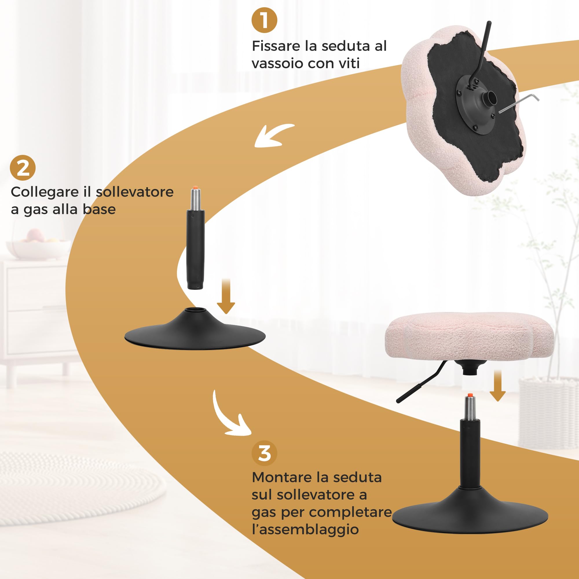 ELUCHANG Sgabello per Toeletta Trucco a Forma Di Petalo, Sedia Trucco Per Camera Da Letto, Sedia Camera da Letto - Regolabile In Altezza 40-52cm, Girevole a 360°, Traspirante Tessuto Sherpa Rosa