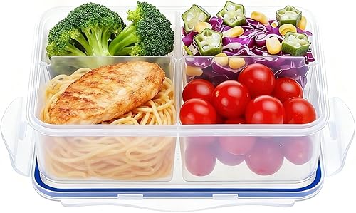 Miniatura 10 de KIGI [Paquete de 2] Caja Bento rectangular de plástico de 38.9 onzas con 3 compartimentos herméticos para almacenamiento de alimentos para cocina