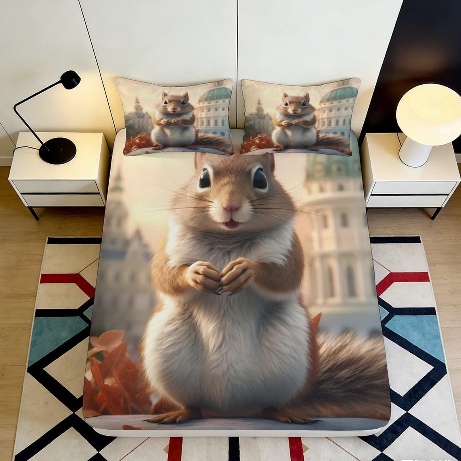 Jqzkxnhpbr Style-7 3D Printed Squirrel Cityscape Fitted Sheet Microfiber Soft Non-Slip Bed Cover For Bedroom Guest Room Decor 90X200x25cm