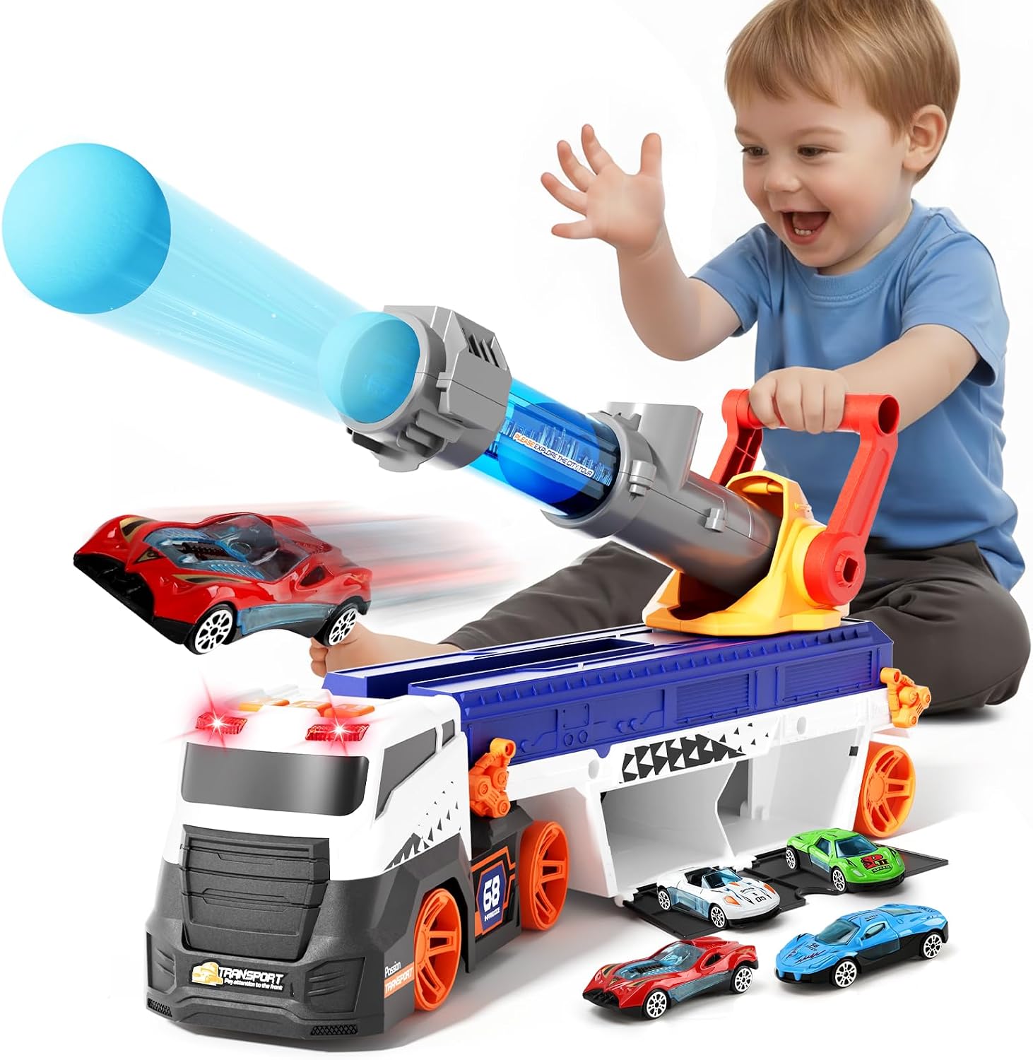 BLF FUN Transport Truck Toys for Kid Boys 3-5, EVA Ball Launcher Car Toys for Kids, Garage Car Toys with Light & Sound, Shooting Toy Sets, Christmas Birthday Gifts for Kid Boys Age 3 4 5 6