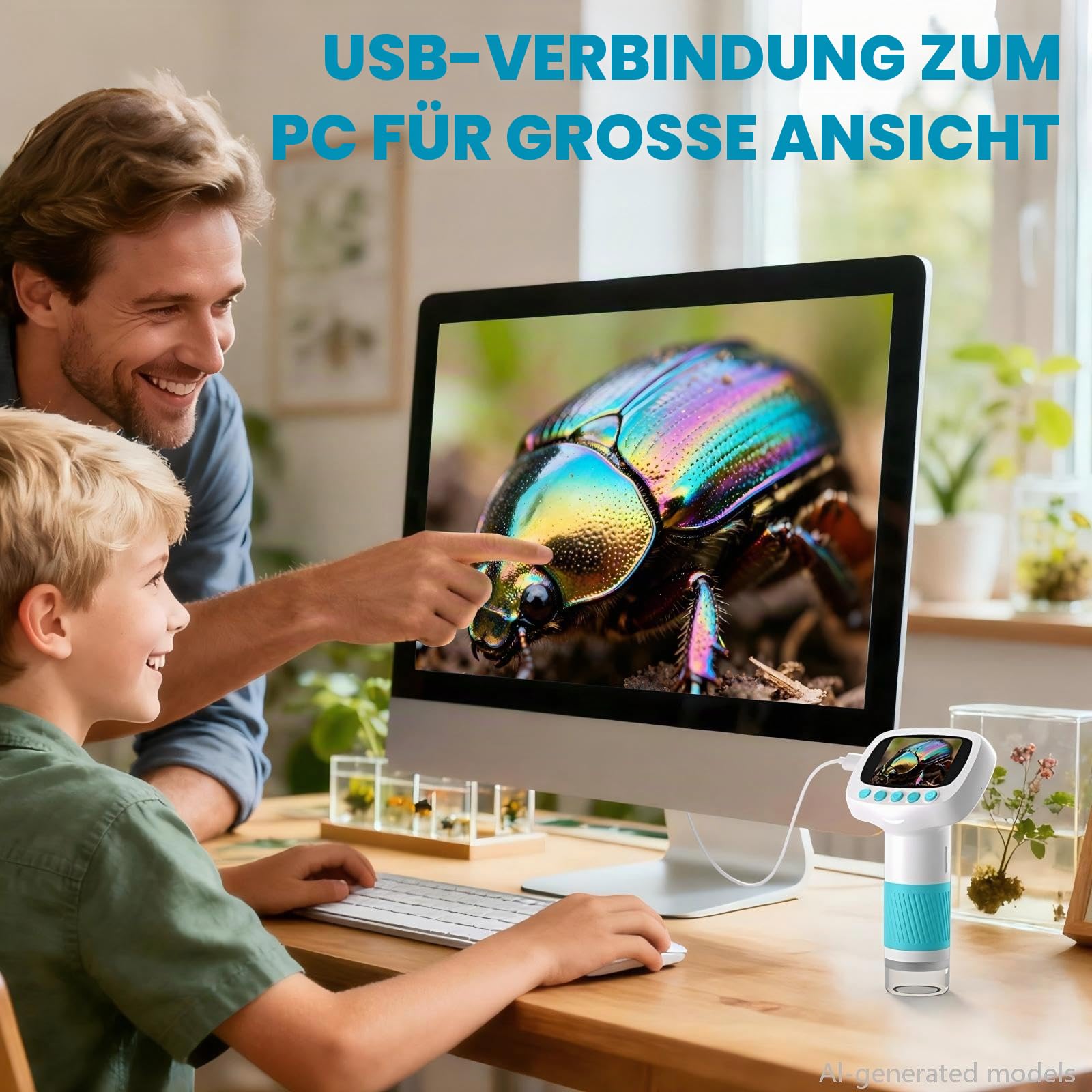 Mikroskop für Kinder ab 3 Jahren, 1000X Tragbares Handmikroskop mit 2'' HD-Bildschirm, Digitales Edubini Taschen Mikroskop, Weihnachten Geburtstag Geschenke für Kinder (Blau)