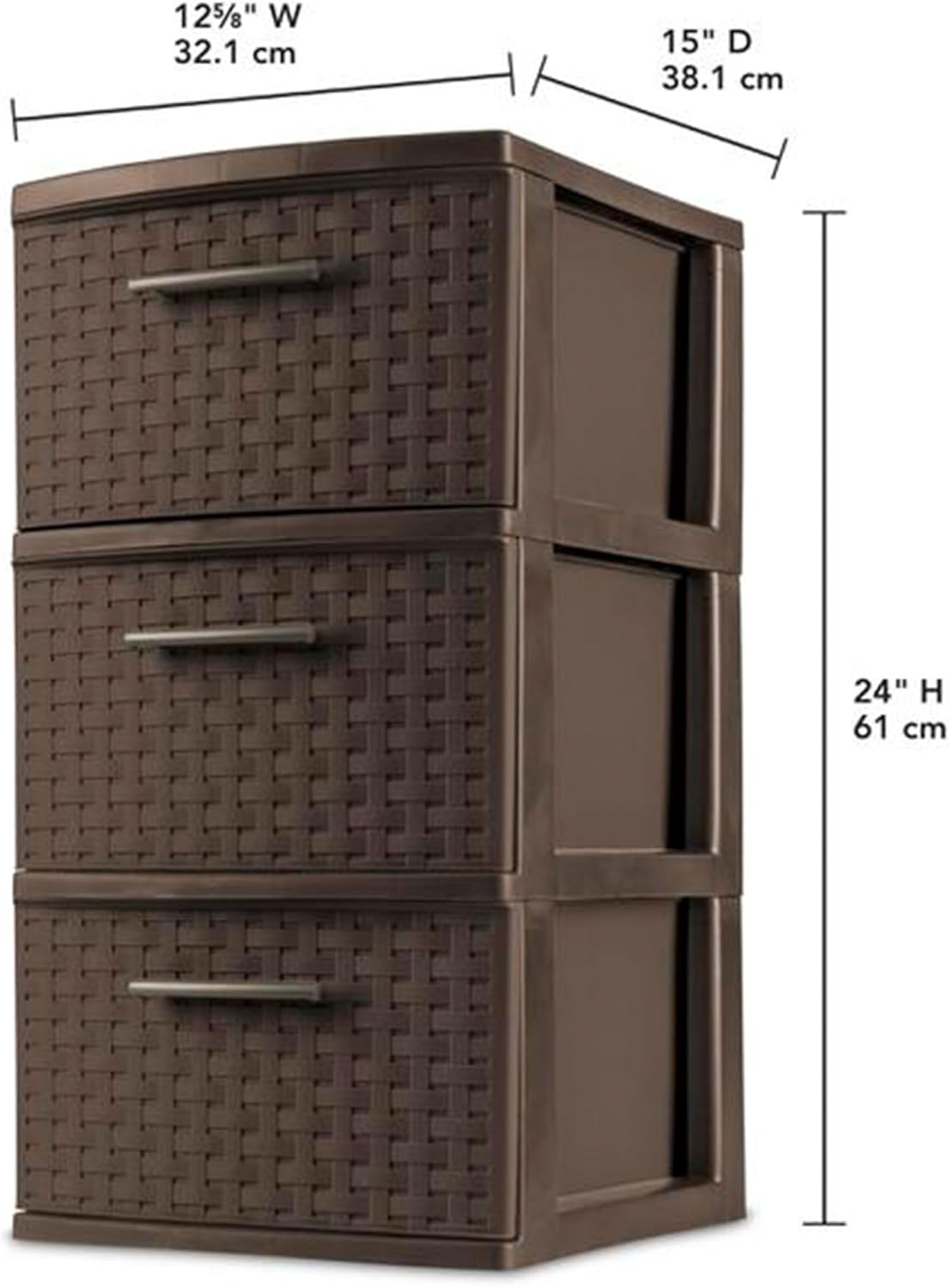 Sterilite 3 Drawer Plastic Wicker Weave Decorative Storage Organization Container Cabinet Tower with Driftwood Handles, Espresso (2 Pack)