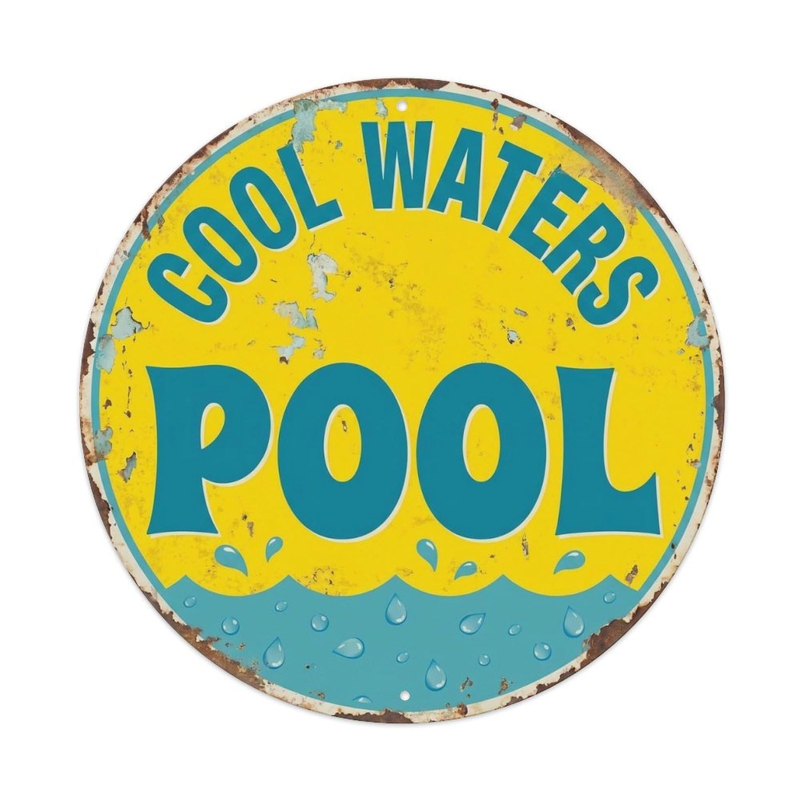Cool Waters Pool Vintage Metal Tin Sign Plaque Wall Decor for Cafe, Club, Garden Round Metal Poster 8x8Inch