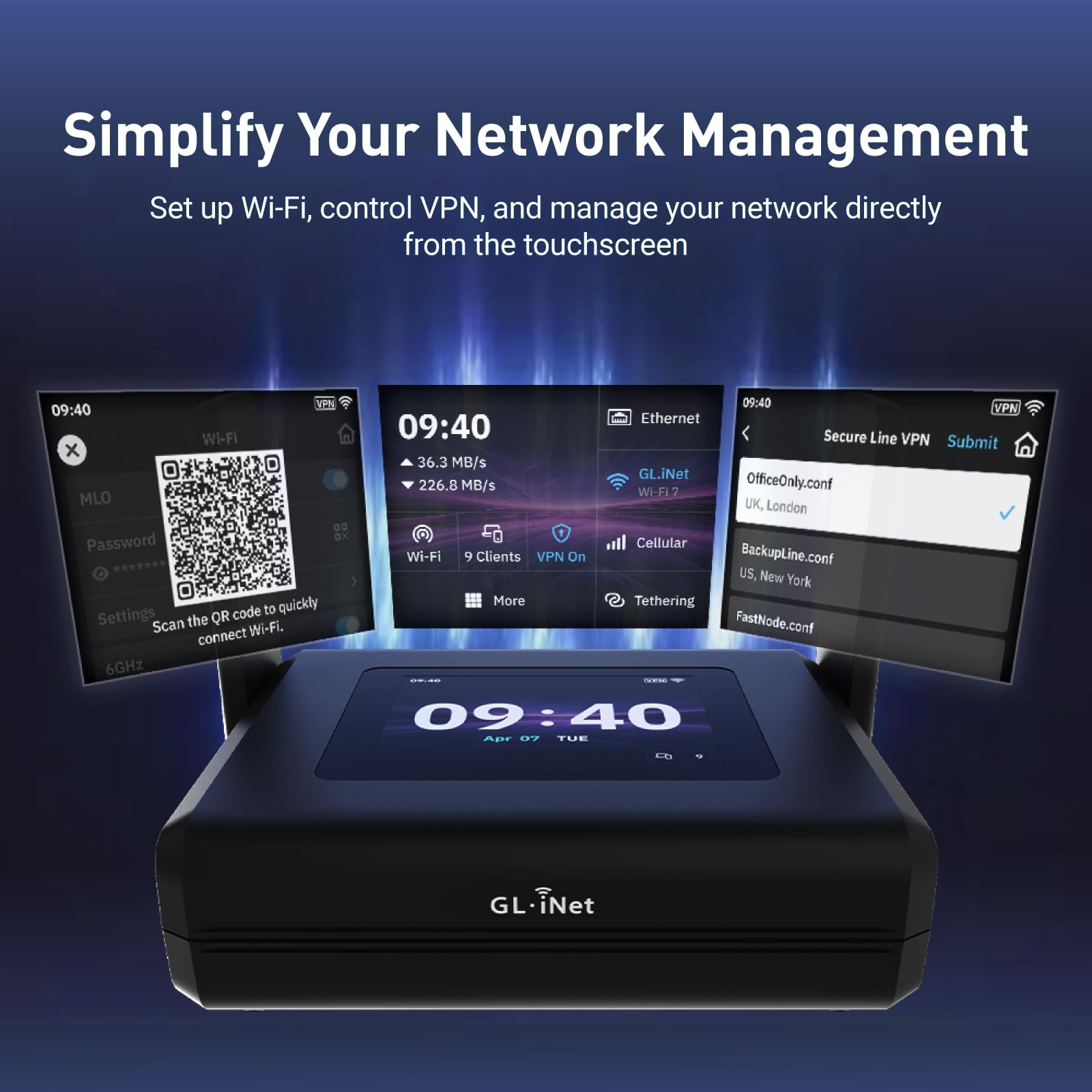GL.iNet Slate 7 Pro (GL-BE10000) Routeur de voyage Wi-Fi 7 tri-bande – 6 GHz 5,7 Gbit/s, MLO, écran tactile 2,8", VPN WireGuard 1,1 Gbit/s, sécurité DPI, double 2,5 G + Mwan3, OpenWrt – Voyage