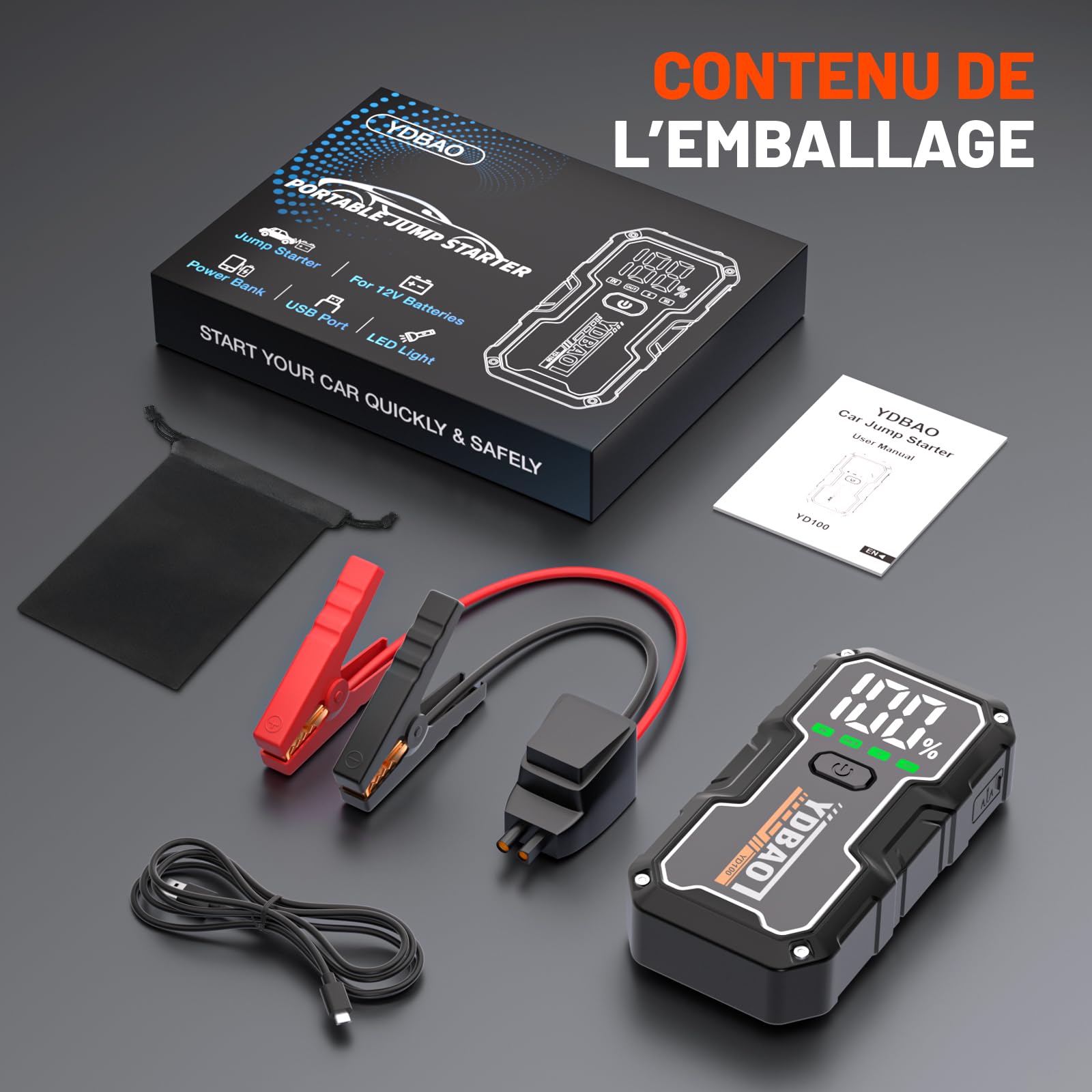 YDBAO Booster Batterie Voiture 8000A 12V Démarreur de Voiture Portable (Jusqu'à Toute Essence ou 10L Diesel) Jump Starter avec Pince Intelligente Écran LCD Lumière LED Protection Auto Moto SUV Camion