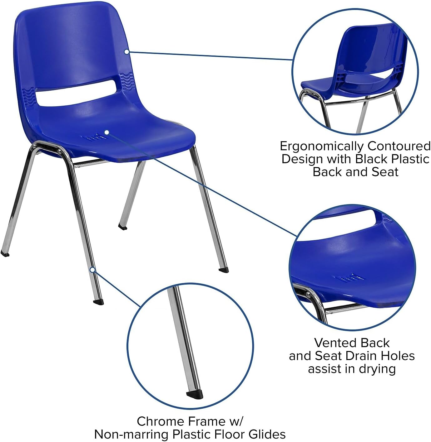 Flash Furniture HERCULES Series 880 lb. Capacity Navy Ergonomic Shell Stack Chair with Chrome Frame and 18'' Seat Height