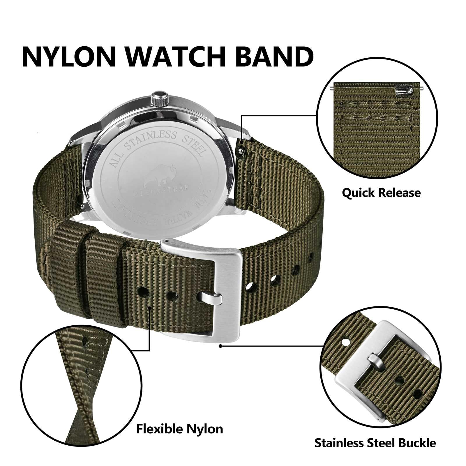 BISONSTRAP Cinturini in Nylon da Uomo, Cinturino per Orologi Militari, Sgancio Rapido, Fibbia Spazzolata, Larghezza Cinturino 18mm 19mm 20mm 22mm
