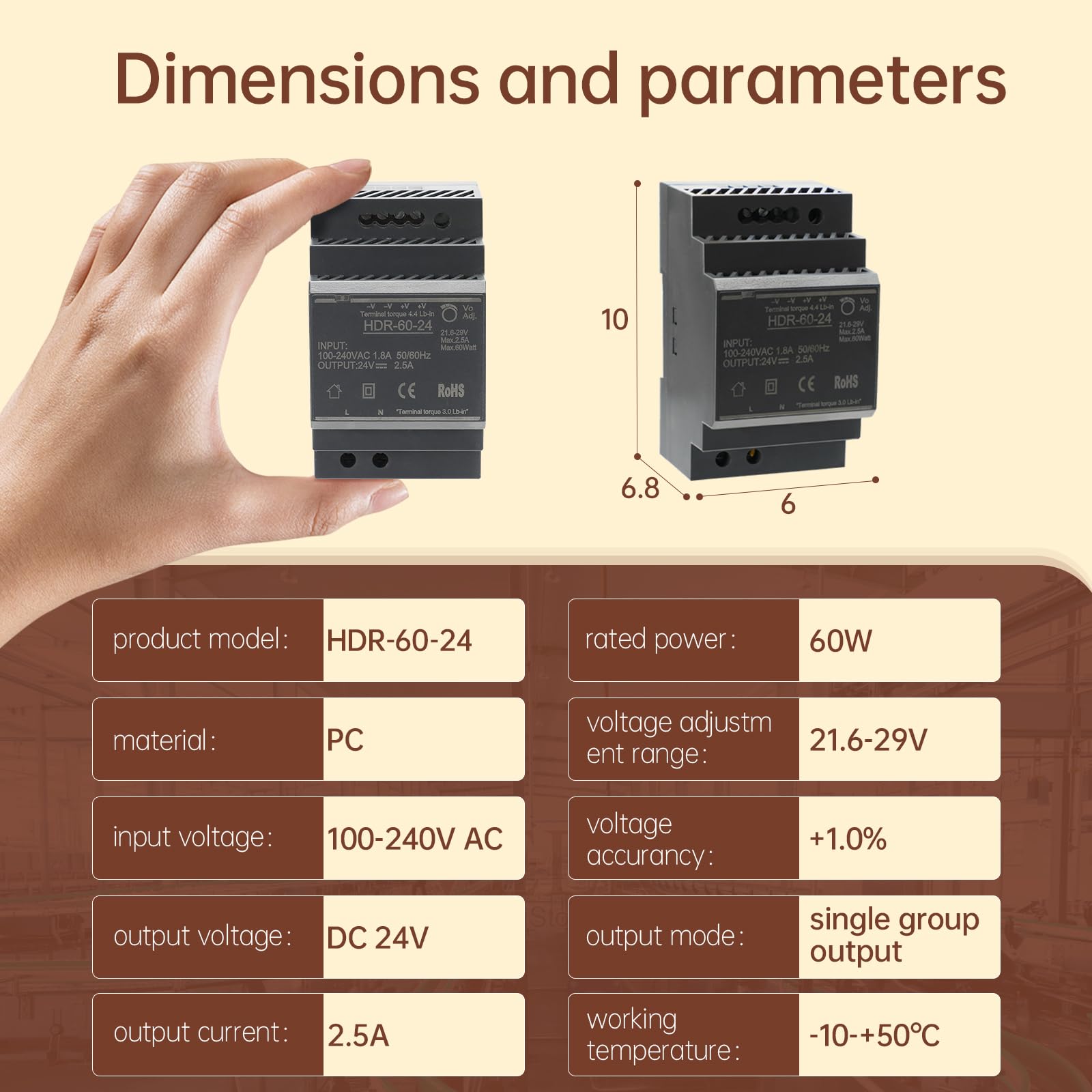 Fuente de Alimentación para el Montaje de Rayos de Sombra 24V 2.5A 60W Transformador de Red de Conmutación AC a CC para la Industria Iluminación y Automatización LED HDR-60-24