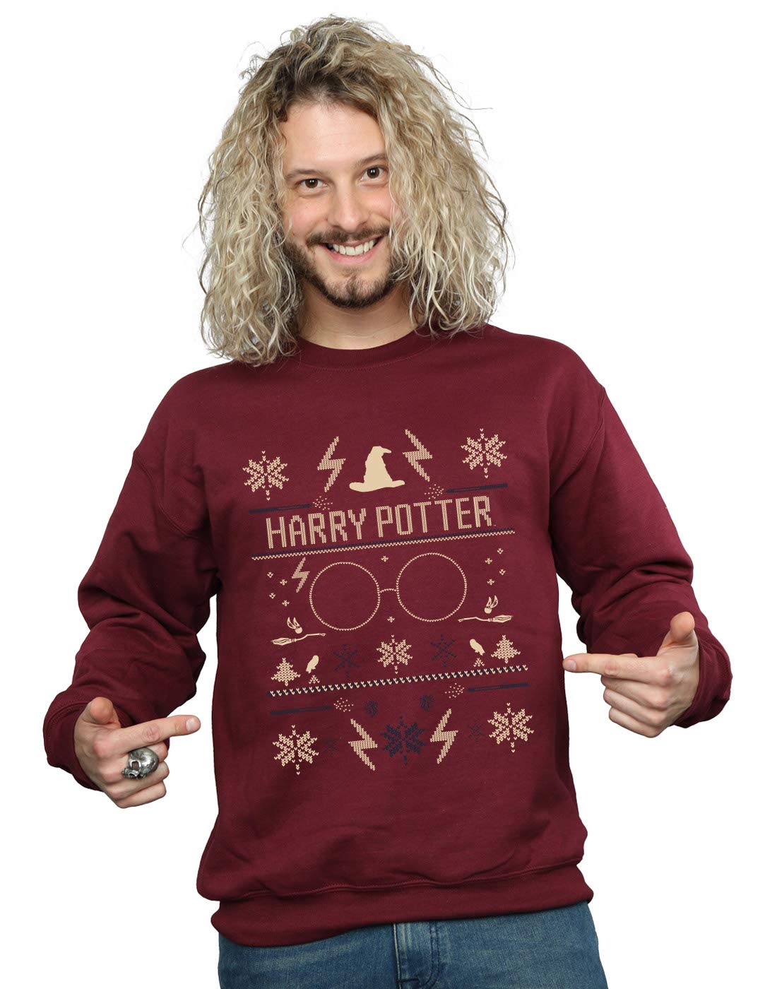 Absolute Cult Men's Burgundy Harry Potter Christmas Pattern Sweatshirt Large