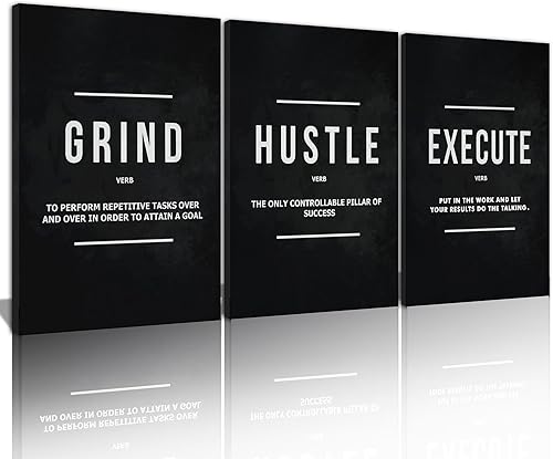 COSCTOR Grind Hustle Execute - Lienzo decorativo de pared motivacional enmarcado para decoración de oficina, proverbios de 12 x 16 pulgadas, póster