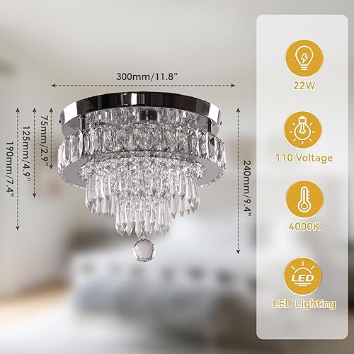 Miniatura 5 de Finktonglan Candelabro de cristal regulable de 11.8 pulgadas, lámpara LED moderna de techo de cristal, lámparas de cristal de montaje empotrado, 3