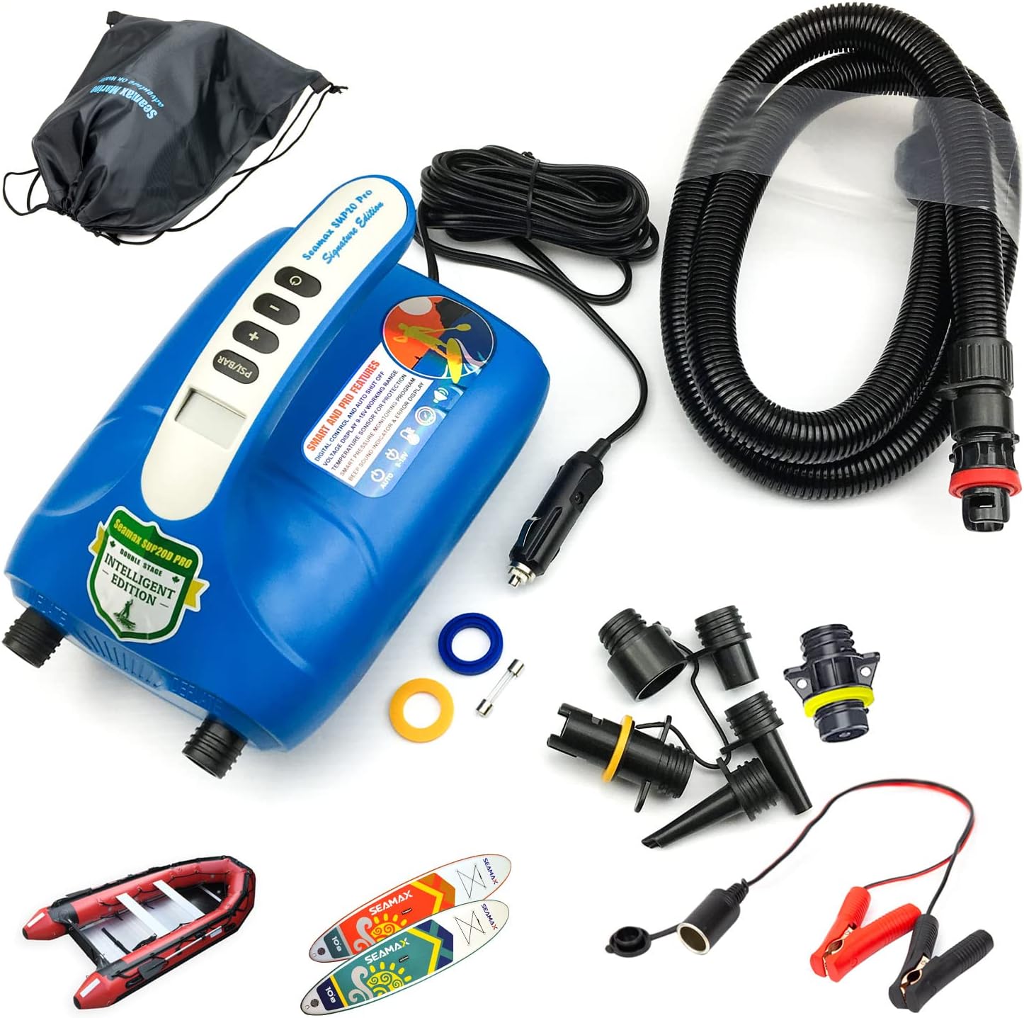 Seamax SUP20D 20PSI Double Stage Electric Air Pump for Inflatable SUP and Boat, New Version Intelligent Firmware with Built-in Temperature Sensor and Voltage Protection