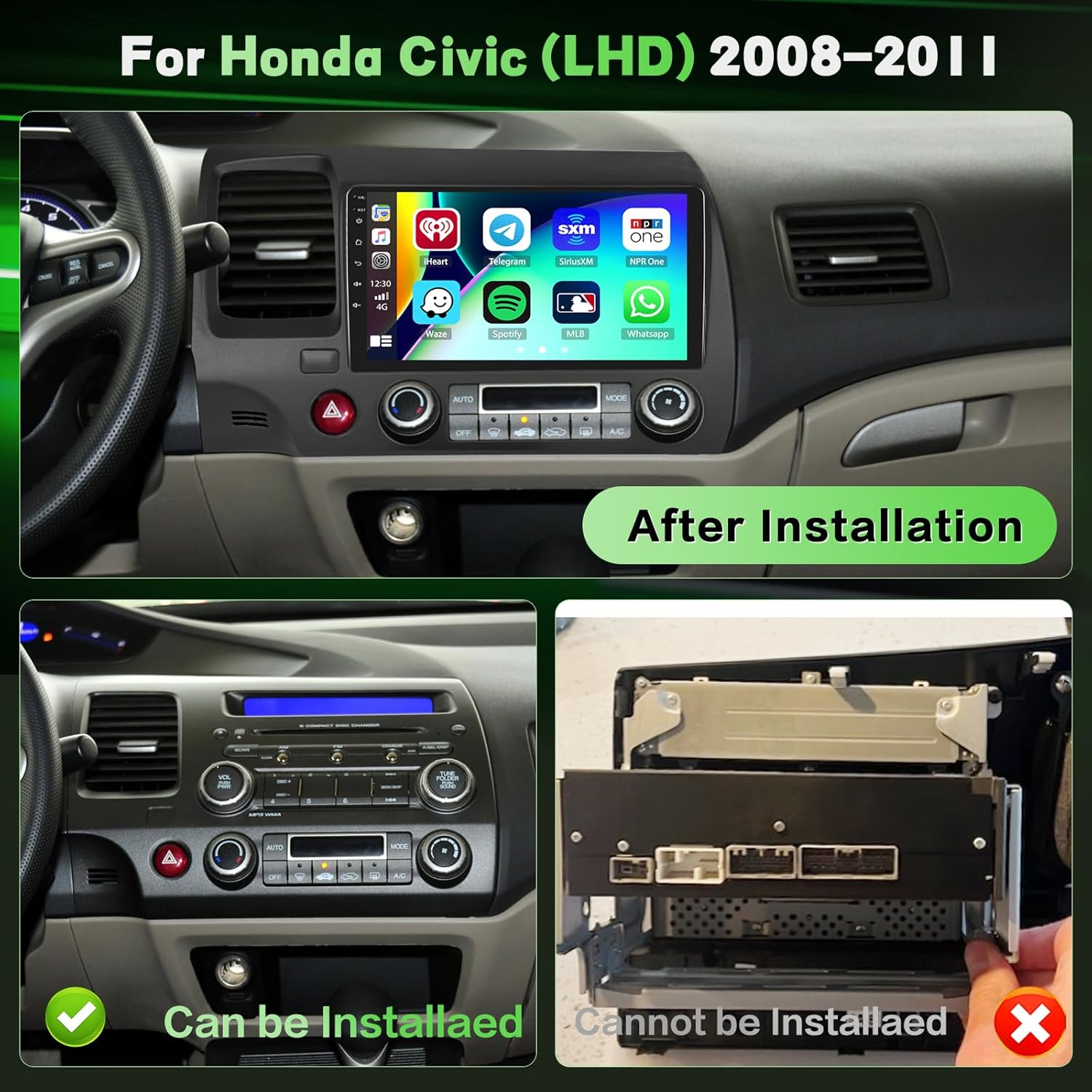 2+64GB Android 15 Car Radio for Honda Civic 2006-2011 Wireless Carplay Android Auto, 9" Touch Screen Car Stereo GPS Navi, WiFi, Bluetooth, Backup Camera, FM RDS Radio, EQ DSP, SWC