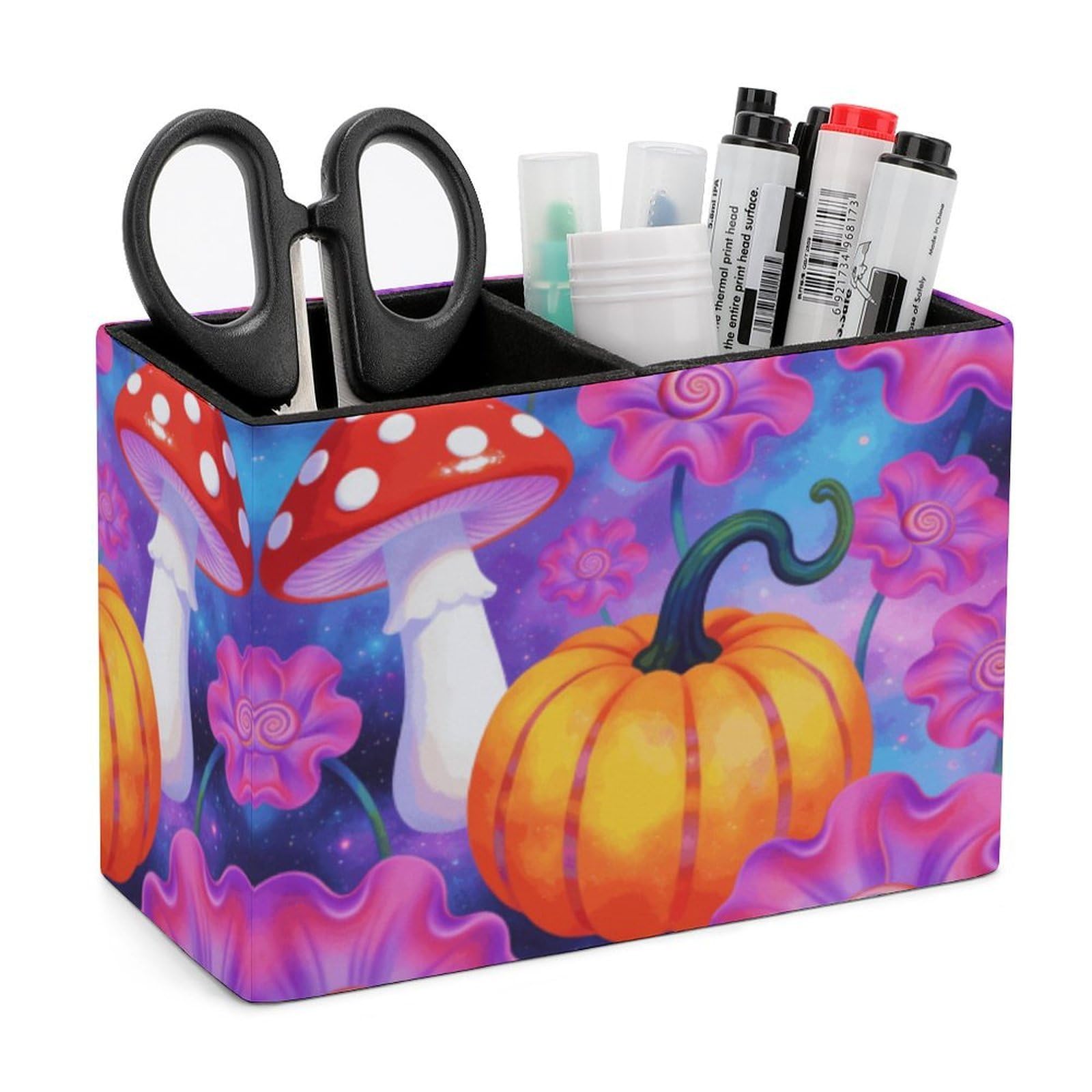 LZQPOEAS Exquisite Patterns PU Leather Pen Holder, Multifunctional Desktop Organizer Caddy with 2 Compartments, Groovy Flowers Mushroom Pumpkin Pencil Cup Makeup Brush Holder for Office Home