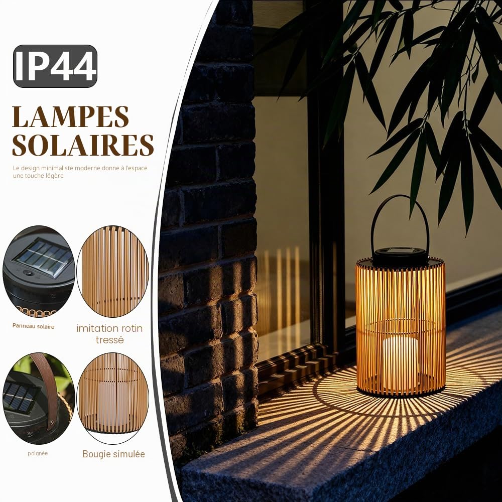Lanternes solaires extérieur style bohème aspect rotin, allumage automatique, étanches, lot de 2