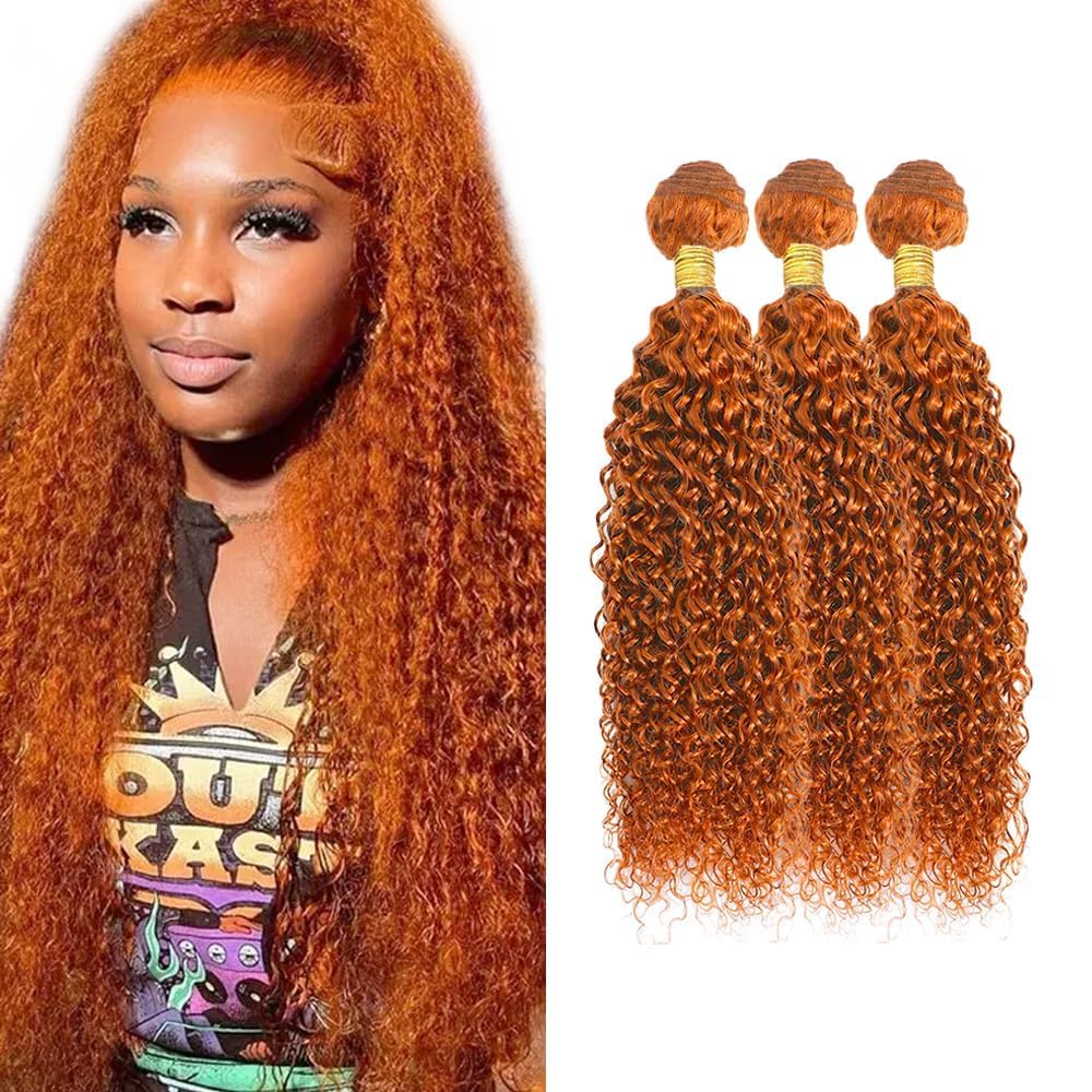 Ginger Orange 350 Human Hair Bundles 8 10 12 Inch Jerry Curly Bundles Human Hair 300g/Pack Unprocessed 11A Brazilian Virgin Hair Weave 3 Bundles for Black Women