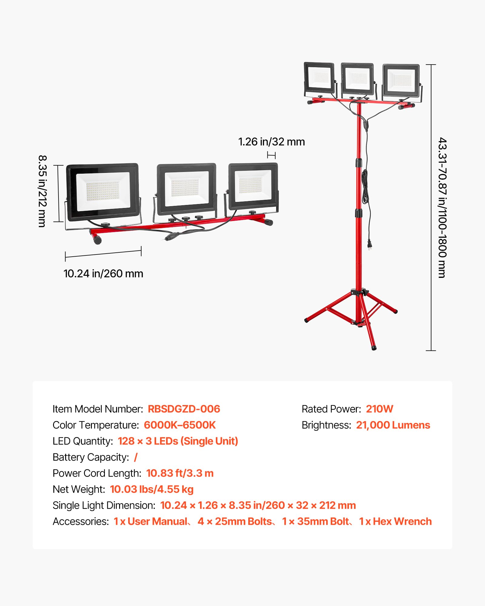 VEVOR Luz de Trabajo LED con Soporte, 21 000 Lúmenes, Luz de 3 Cabezales con Interruptor Individual, Trípode y Cable de Alimentación de 3,3 m para Obras de Construcción, Resistente al Agua IP65