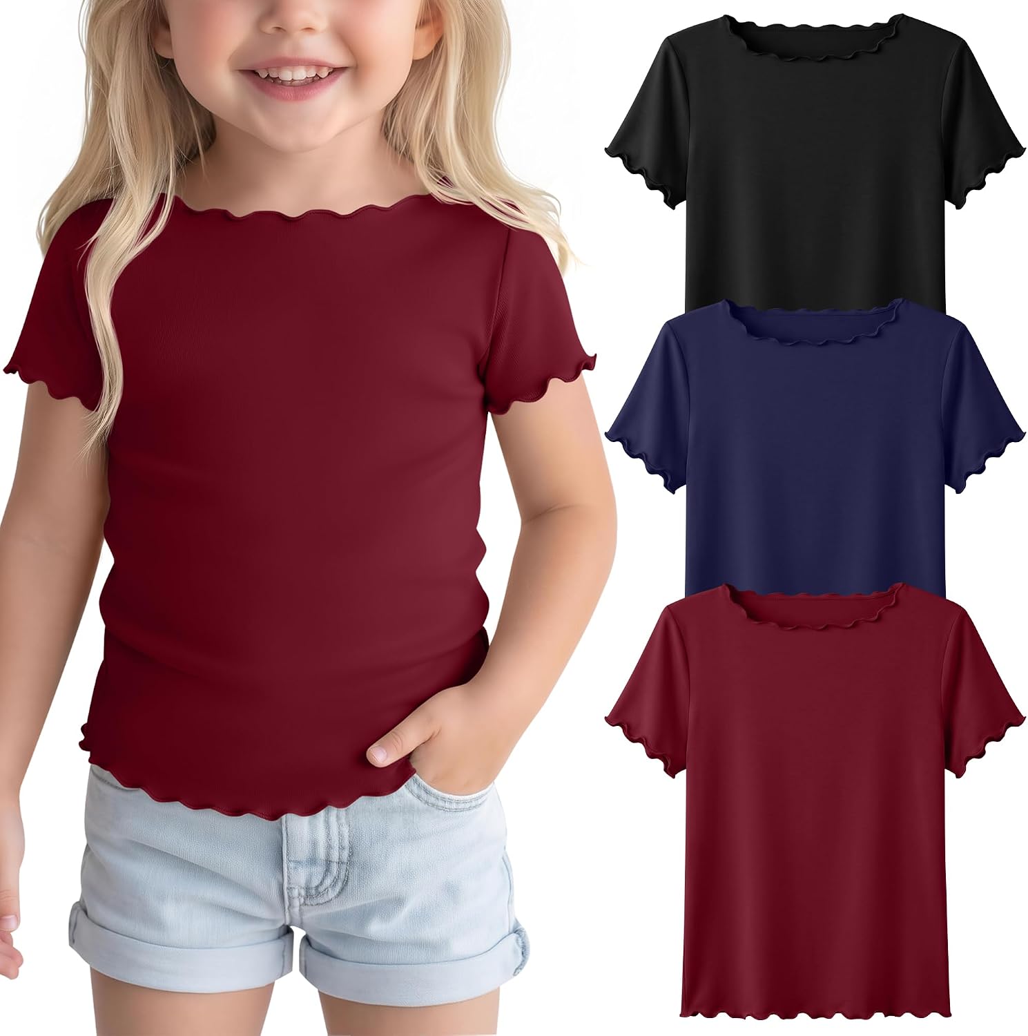 3 Pack Toddler Baby Girls' Short Sleeve Shirts Lettuce Trim Boat Neck Kids Tees Solid Casual Basic Tops 18M-5T