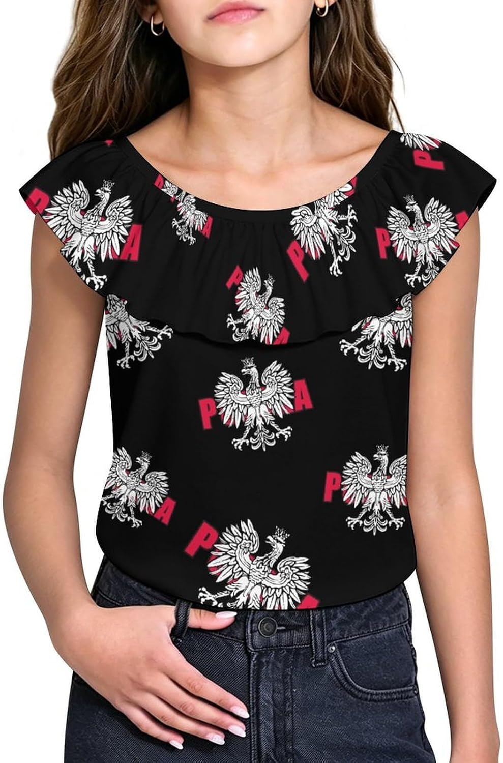 Polska Poland Polish Eagle Girls T-Shirts Top Ruffle Short Sleeve Blouse Casual Graphic Tees