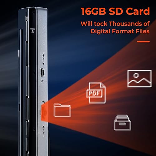 Miniatura 16 de Escáneres portátiles con cable USB para fotos, recibos, 1050 DPI, (tarjeta de memoria 16G incluida), recargable, escáner de fotos MUNBYN para Negro