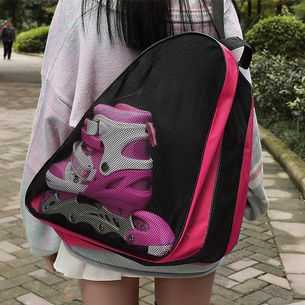 Roller Skates Storage Bag with Shoulder Strap Breathable Oxford Fabric Portable Skates Storage Holder for Ice Skating Pink