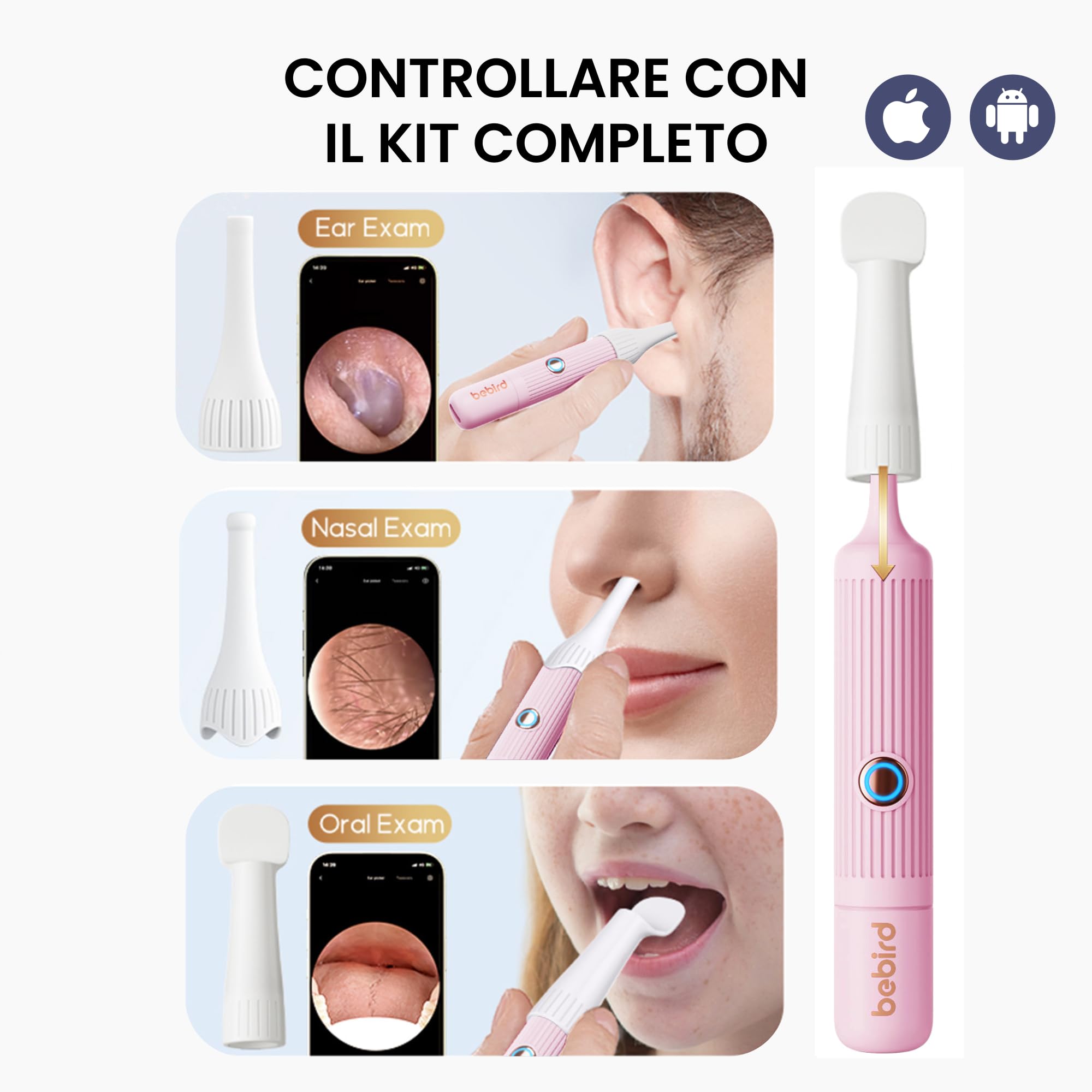 Bebird Pro Earsight Plus Otoscope, nettoyeur d'oreilles HD 1920p avec caméra, lumière, étui portable, rose