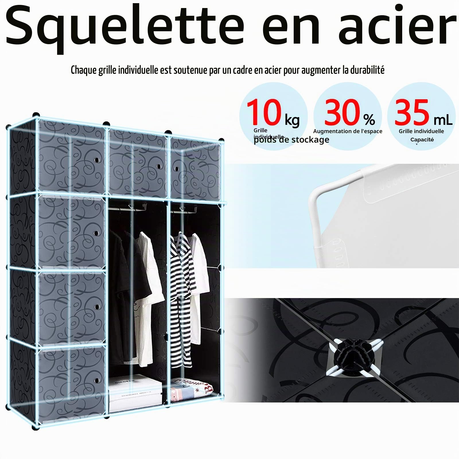 Système d'étagères de rangement avec portes en plastique PP robuste et durable - Noir - 12 boîtes avec porte