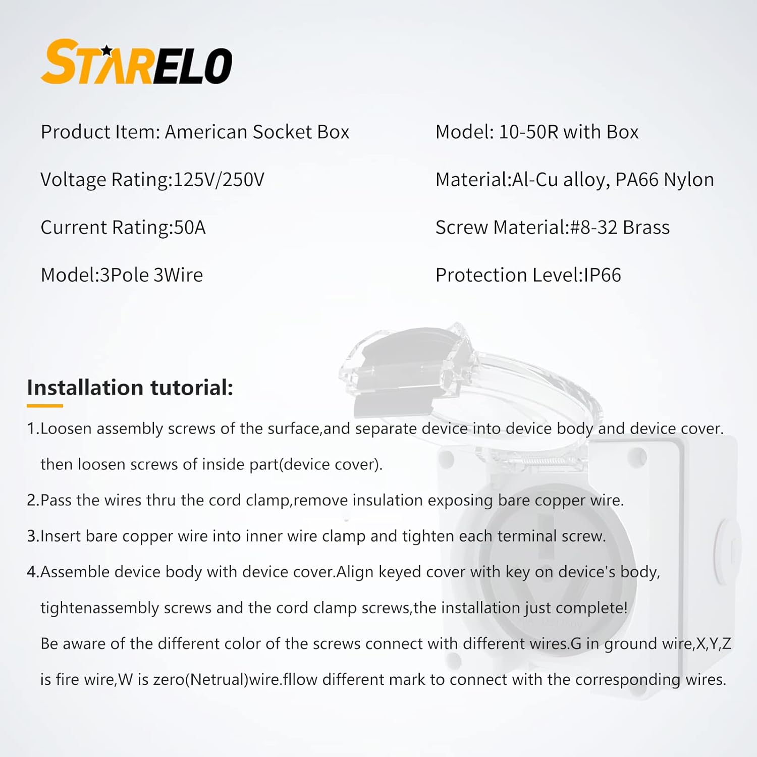 NEMA 10-50R Power Outlet Box +10-30/50P Plug.